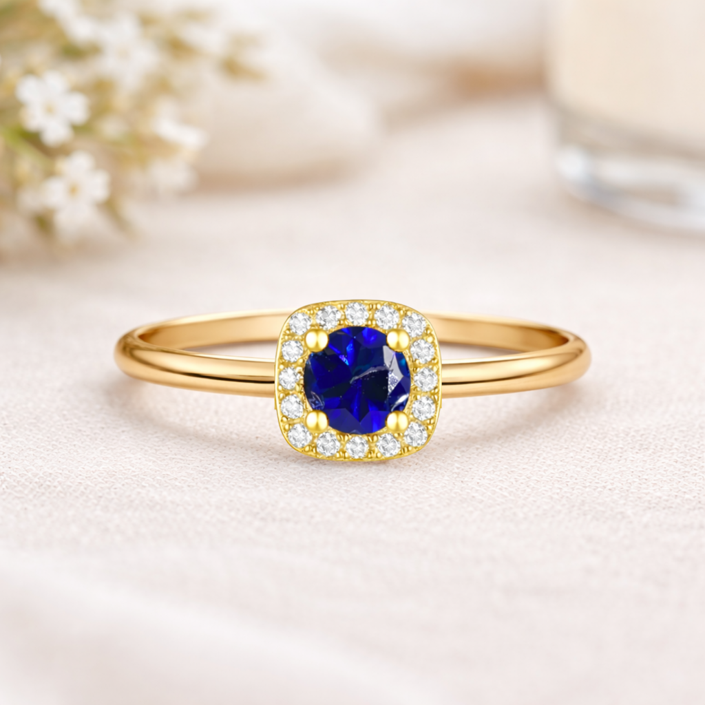 22k Gold Vermeil Blue Sapphire Halo Ring