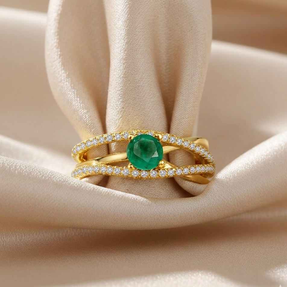 0.65 Ct Round Green Emerald and White Sapphire Prong 22K Gold Vermeil Pave Split Band Ring