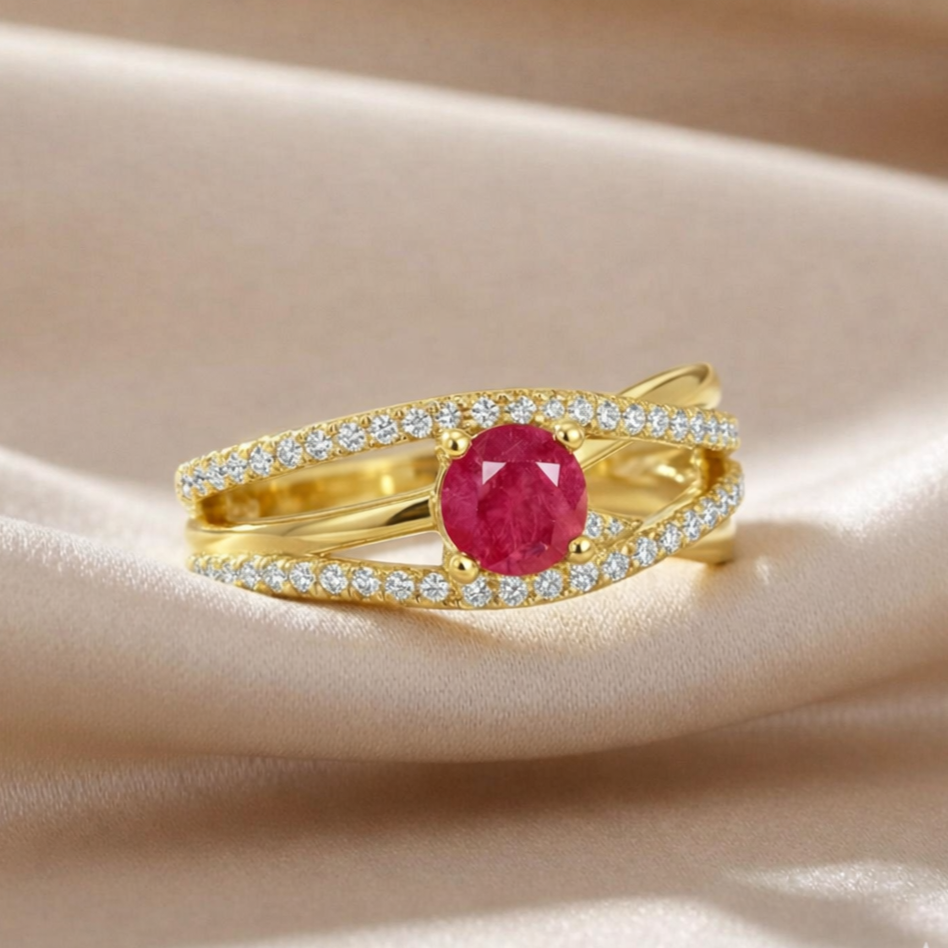 0.65 Ct Round Red Ruby 22k Gold Vermeil Split Band Fashion Prong Pave Ring