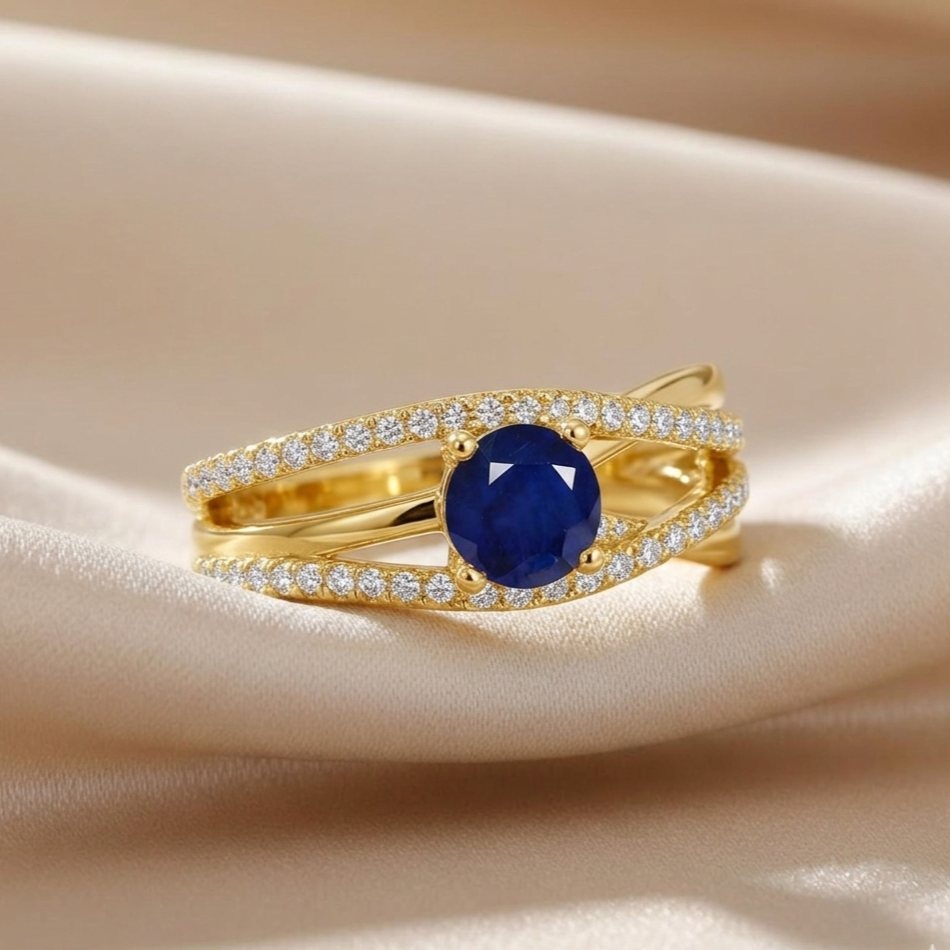 22k Gold Vermeil Blue Sapphire Split Band Fashion Ring