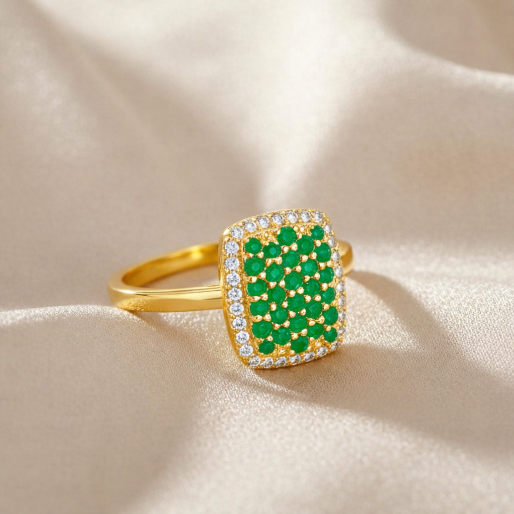 0.70 Ct Round Green Emerald Prong 22K Gold Vermeil Cushion Statement Ring