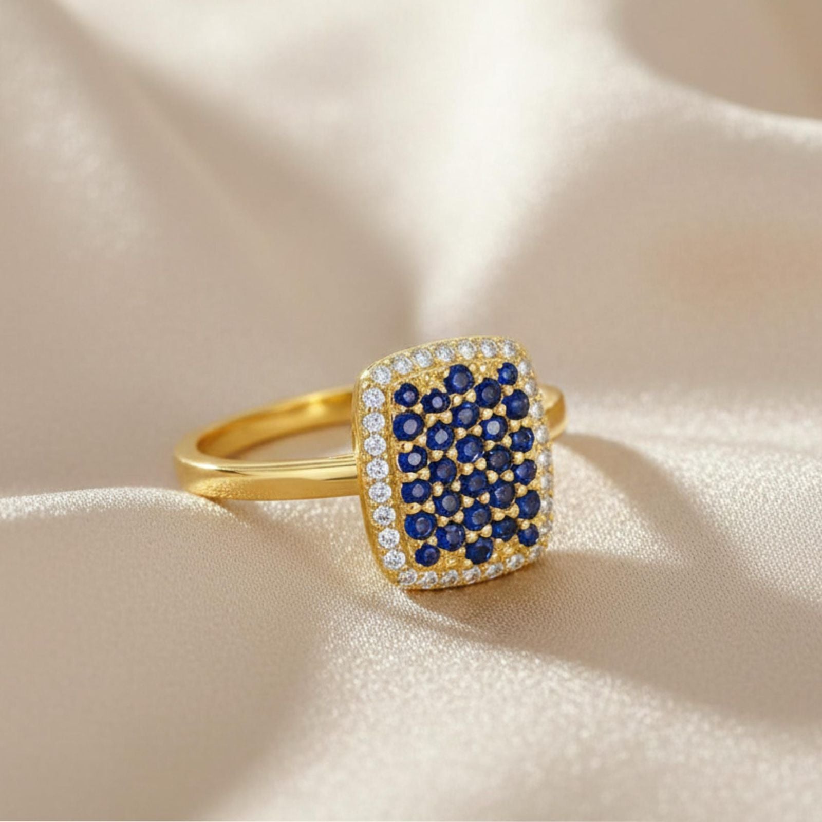 0.70 Ct Round Blue Sapphire Prong 22k Gold Vermeil Cushion Statement Ring