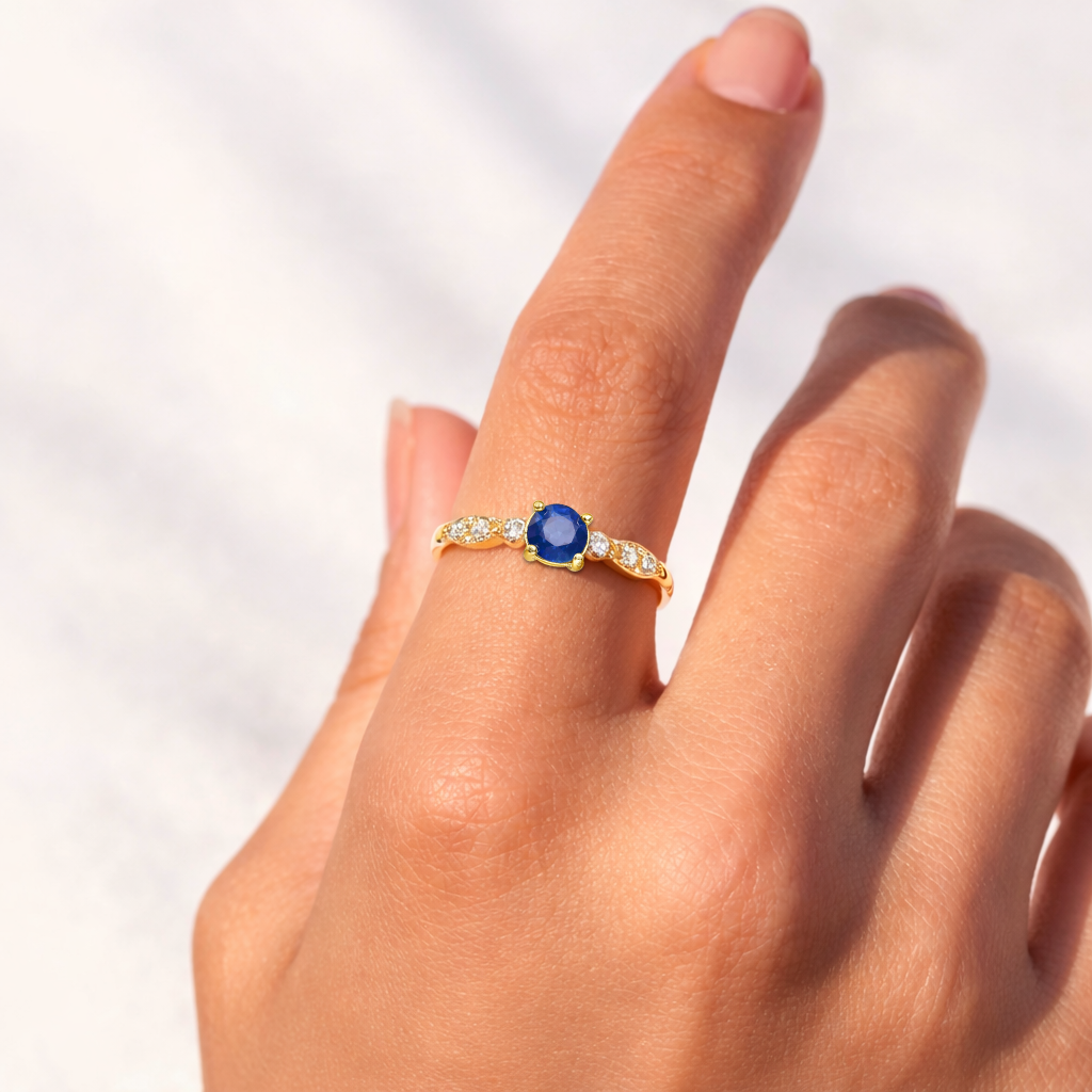 22k Gold Vermeil Round Blue Sapphire Solitaire Ring Fine Color Jewels