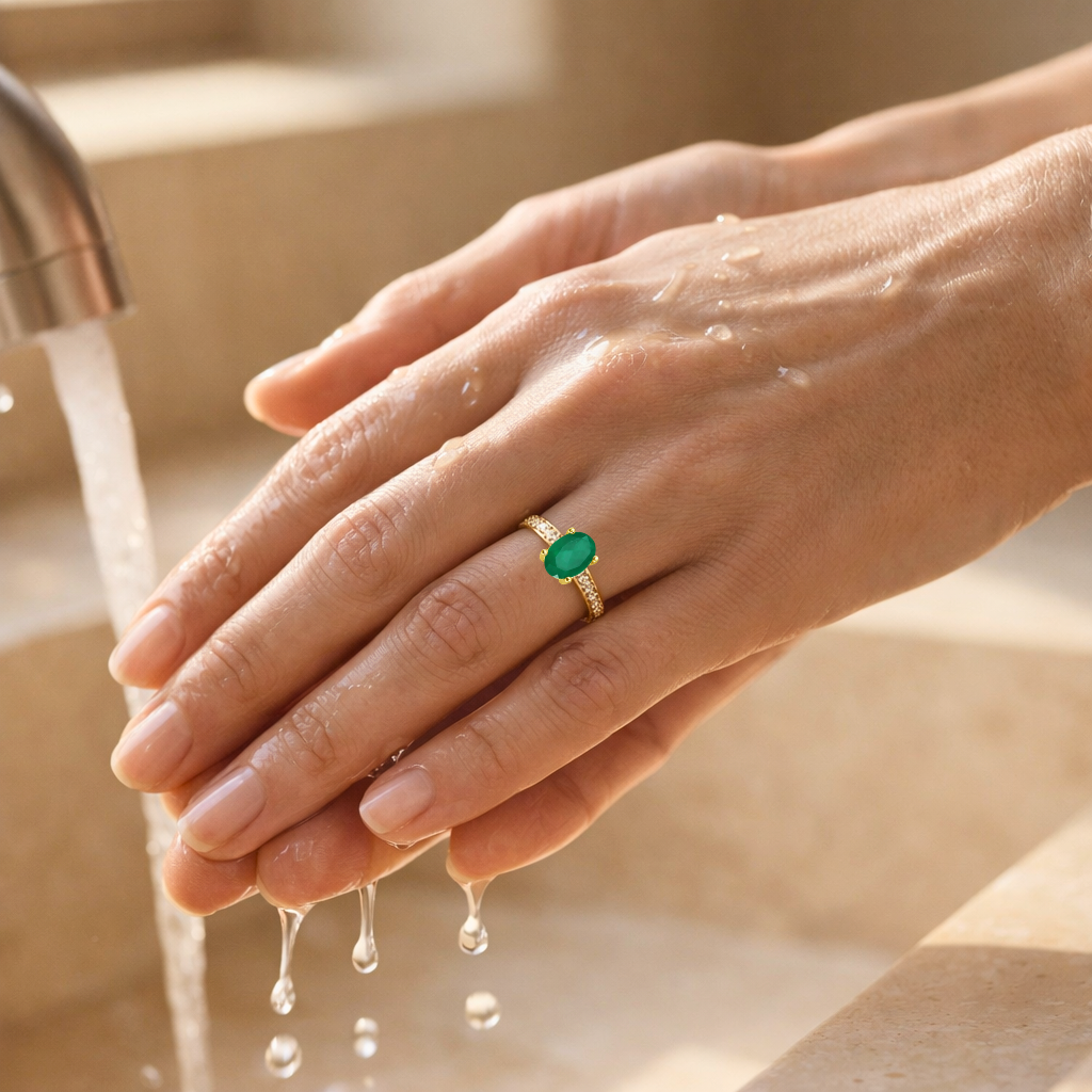 22k Yellow Gold Vermeil Oval Emerald Pave Solitaire Ring