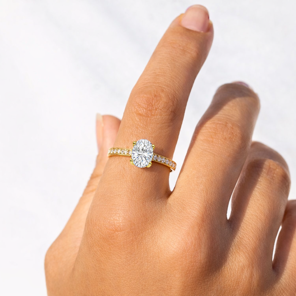 22k Yellow Gold Vermeil Oval Moissanite Pave Solitaire Ring Fine Color Jewels