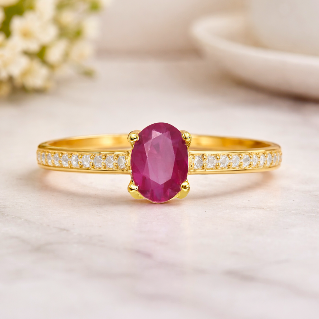 22k Yellow Gold Vermeil Oval Ruby Pave Solitaire Ring