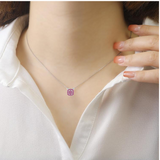 model showcasing Genuine Ruby Pendant Necklace in 925 Sterling Silver Ruby Halo Pendant Ruby Necklace