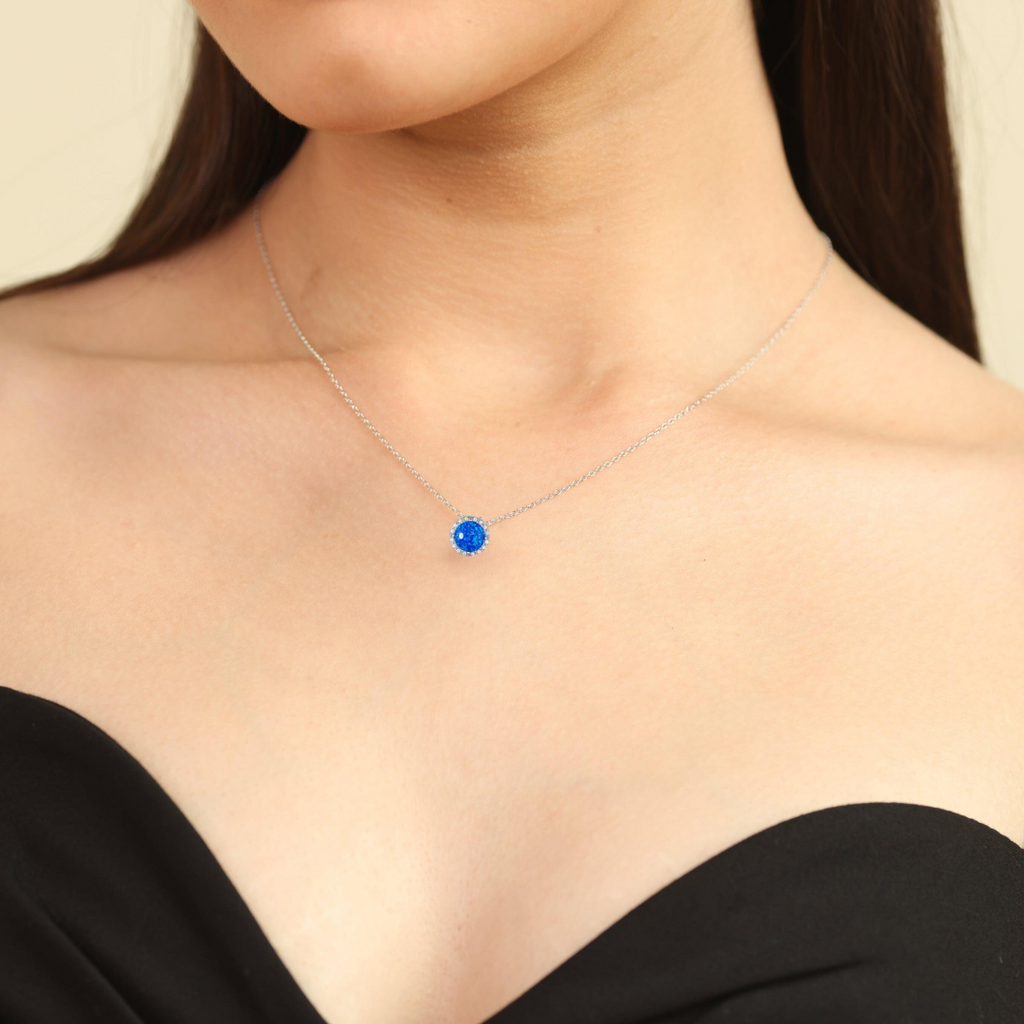 Blue Opal Round Halo Necklace