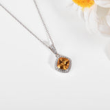 Natural Citrine Cushion Halo Pendant Necklace