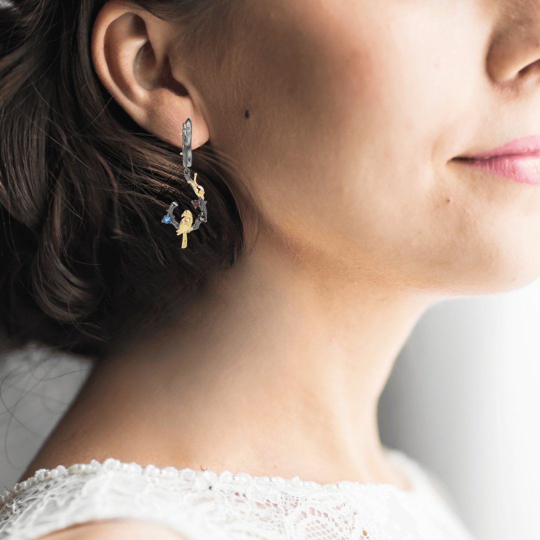Multi Color Dangling Bird Earrings Fine Color Jewels $50-100, 925-Sterling-Silver, 925-Sterling-Silver-Gold-Plated-Yellow, Blue, Blue Topaz, Dangle, dla-dm-discount-all-143240, dla-dm-discount-all-154898, Garnet, Green, Red, Round, sale
