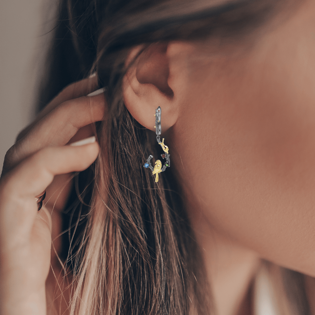 Multi Color Dangling Bird Earrings Fine Color Jewels $50-100, 925-Sterling-Silver, 925-Sterling-Silver-Gold-Plated-Yellow, Blue, Blue Topaz, Dangle, dla-dm-discount-all-143240, dla-dm-discount-all-154898, Garnet, Green, Red, Round, sale
