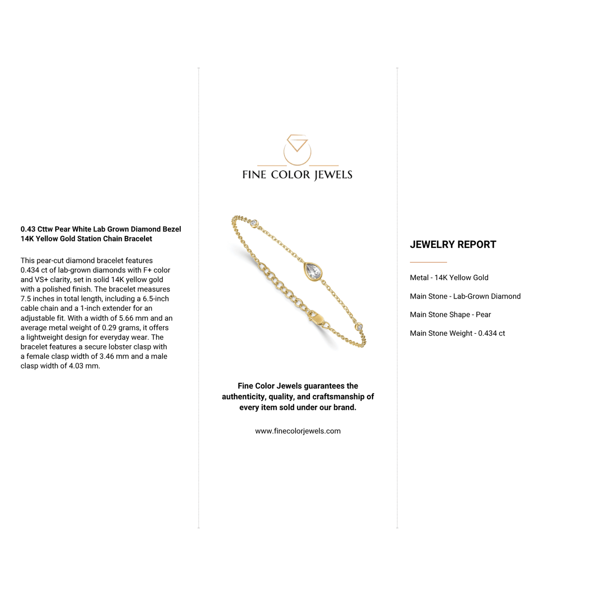 0.43 Cttw Pear White Lab Grown Diamond Bezel 14K Yellow Gold Station Chain Bracelet