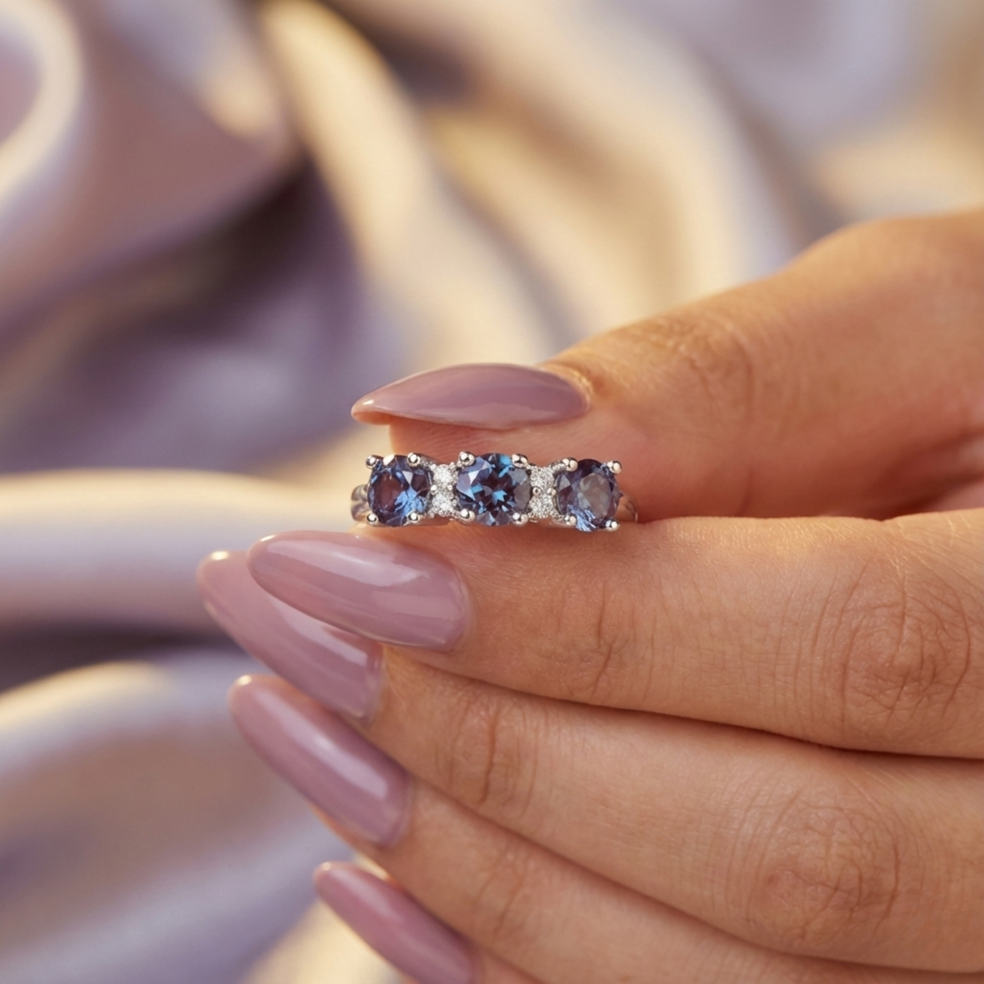 Anillo de alejandrita con tres piedras