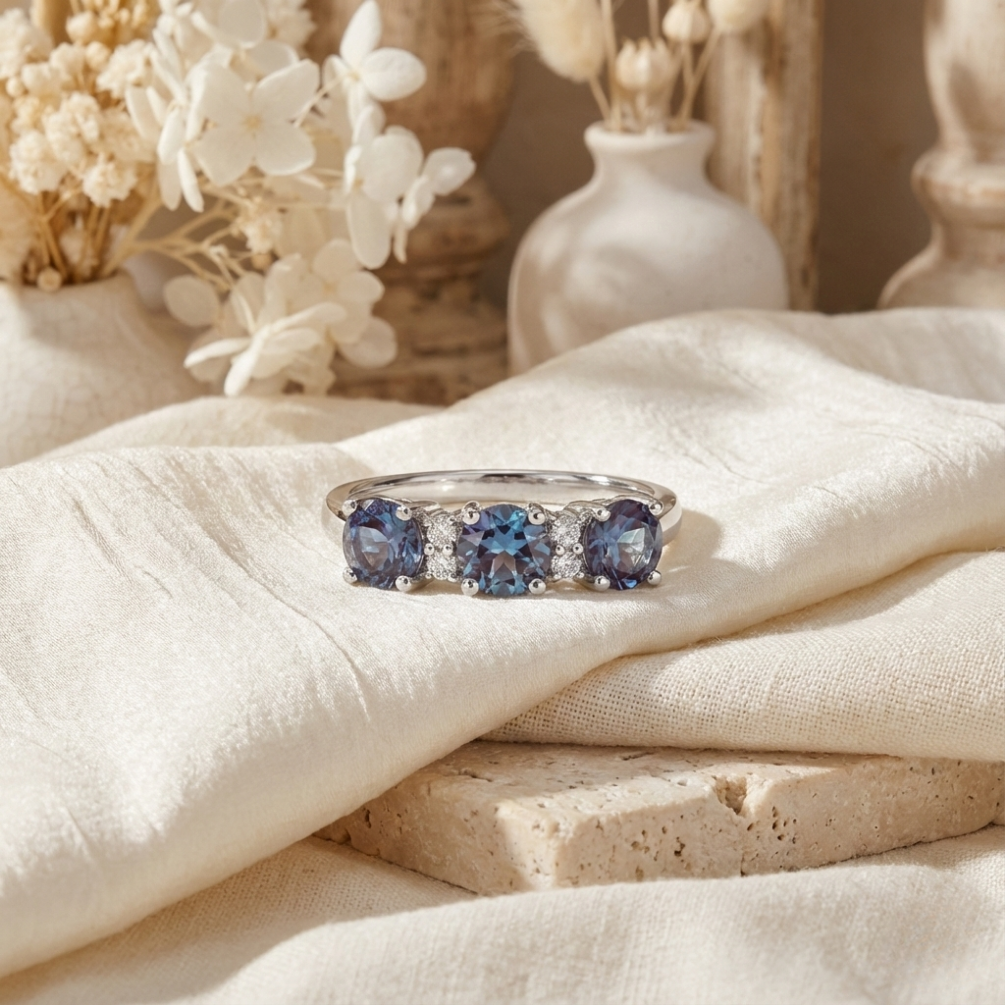 Anillo de alejandrita con tres piedras