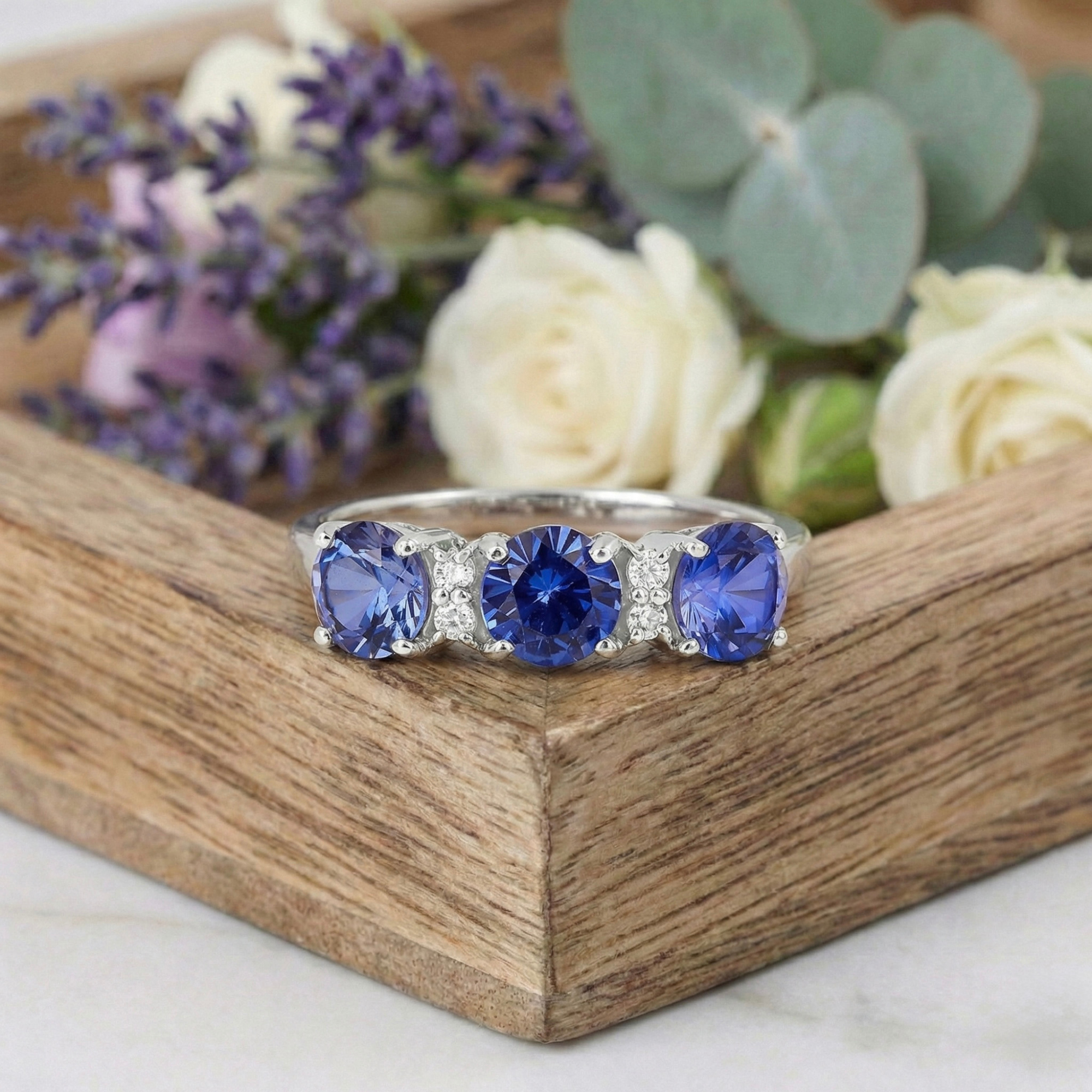 Three Stone Ceylon Blue Sapphire Ring Fine Color Jewels
