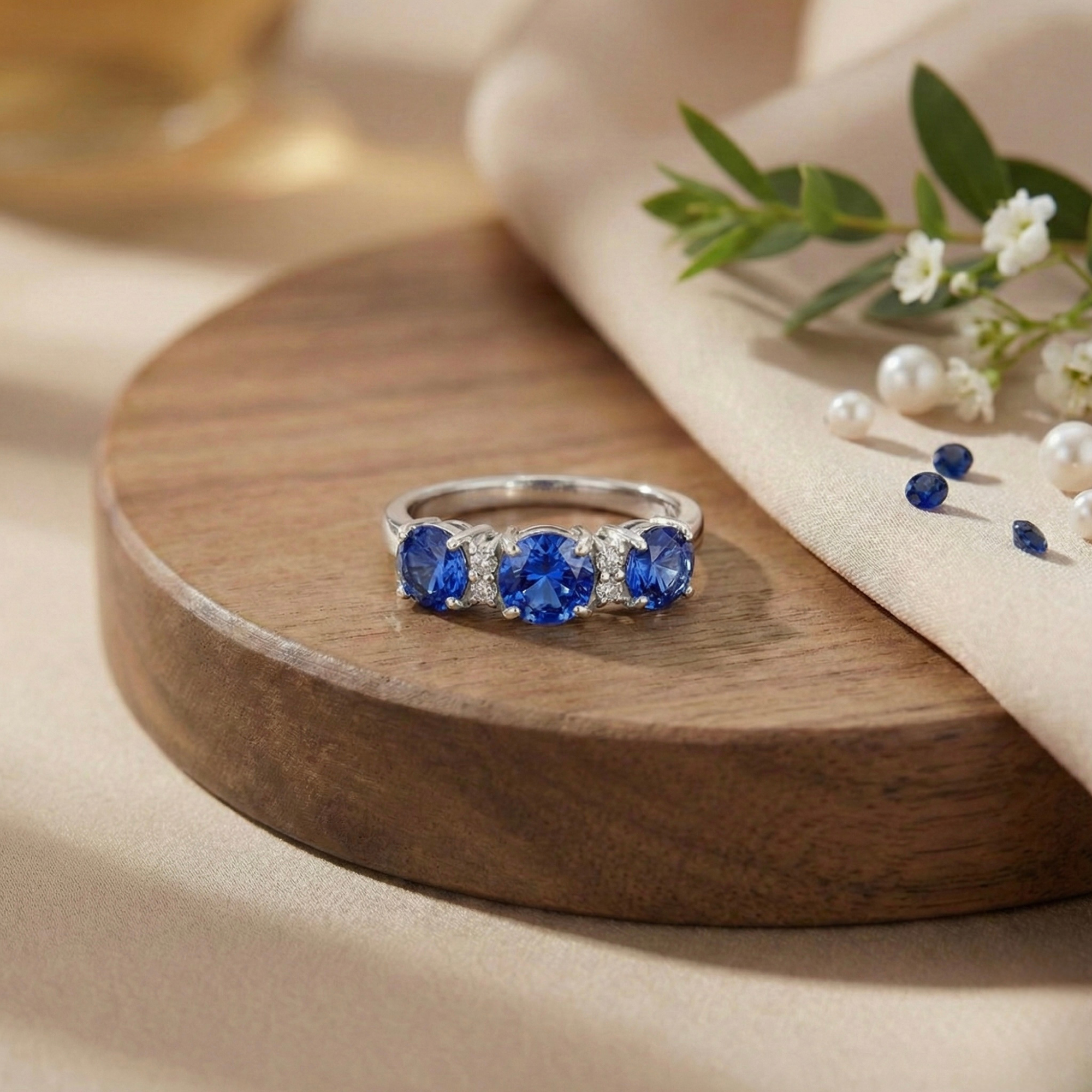 Three Stone Ceylon Blue Sapphire Ring Fine Color Jewels