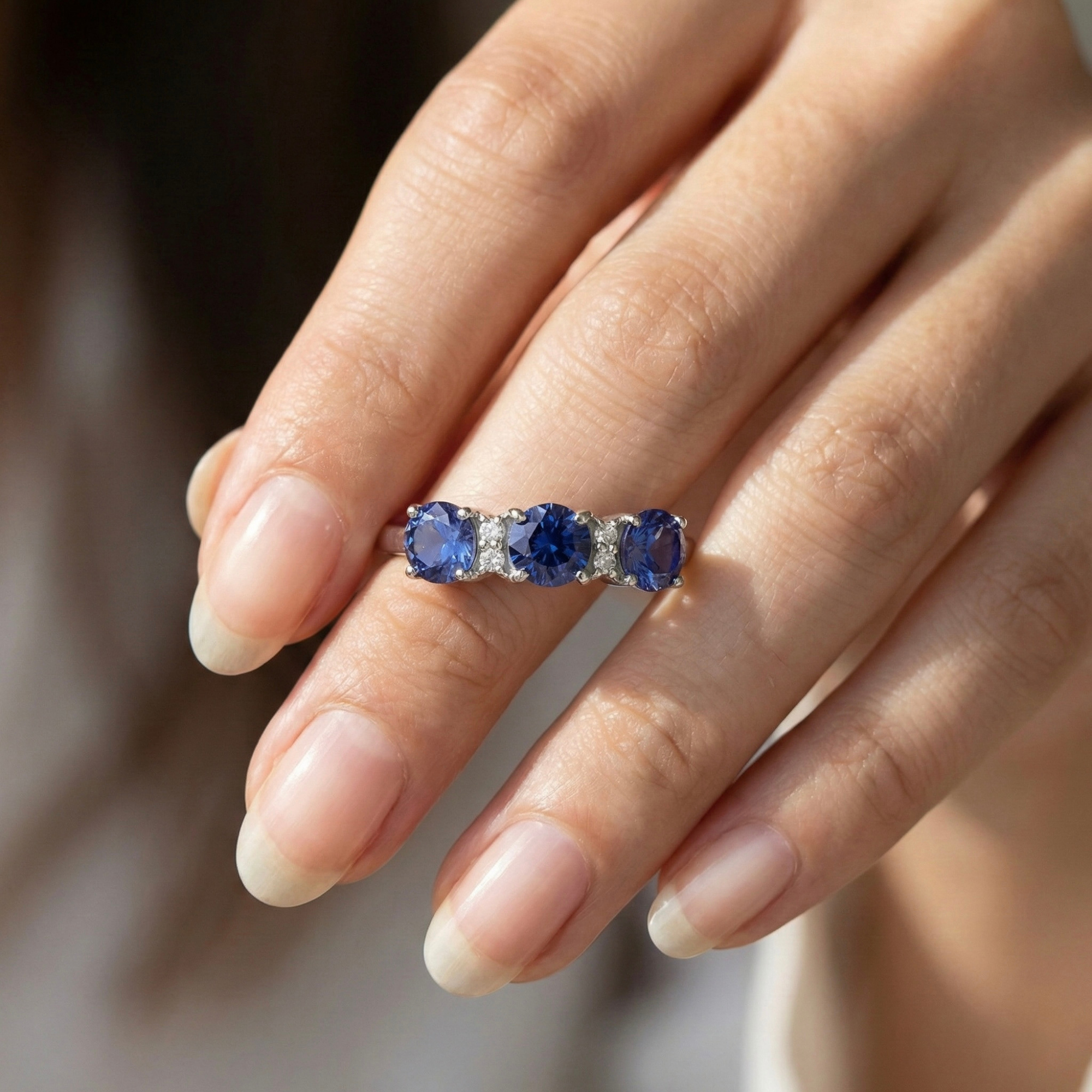 Three Stone Ceylon Blue Sapphire Ring Fine Color Jewels