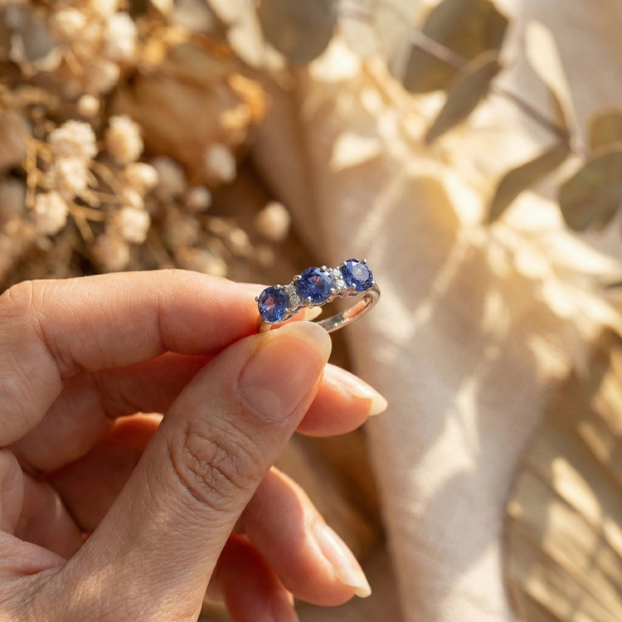 Three Stone Ceylon Blue Sapphire Ring Fine Color Jewels
