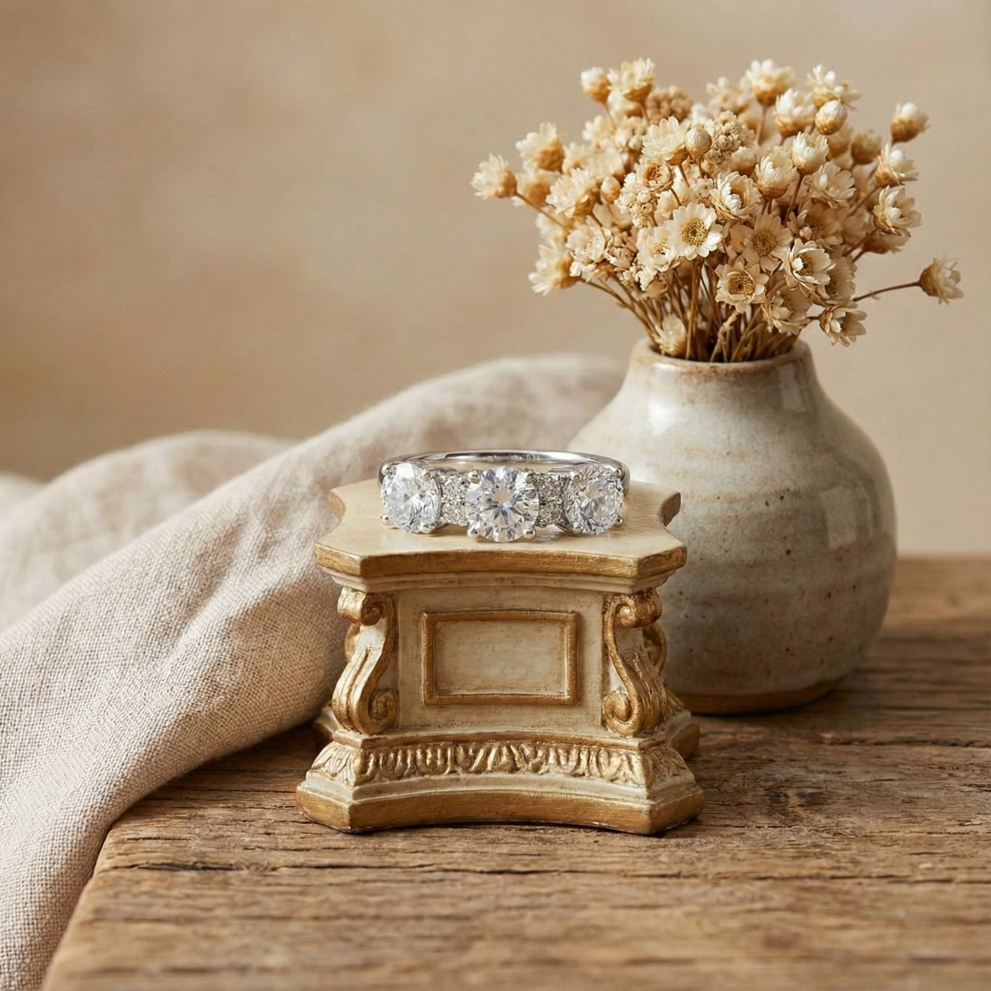 Anillo de tres piedras con topacio blanco
