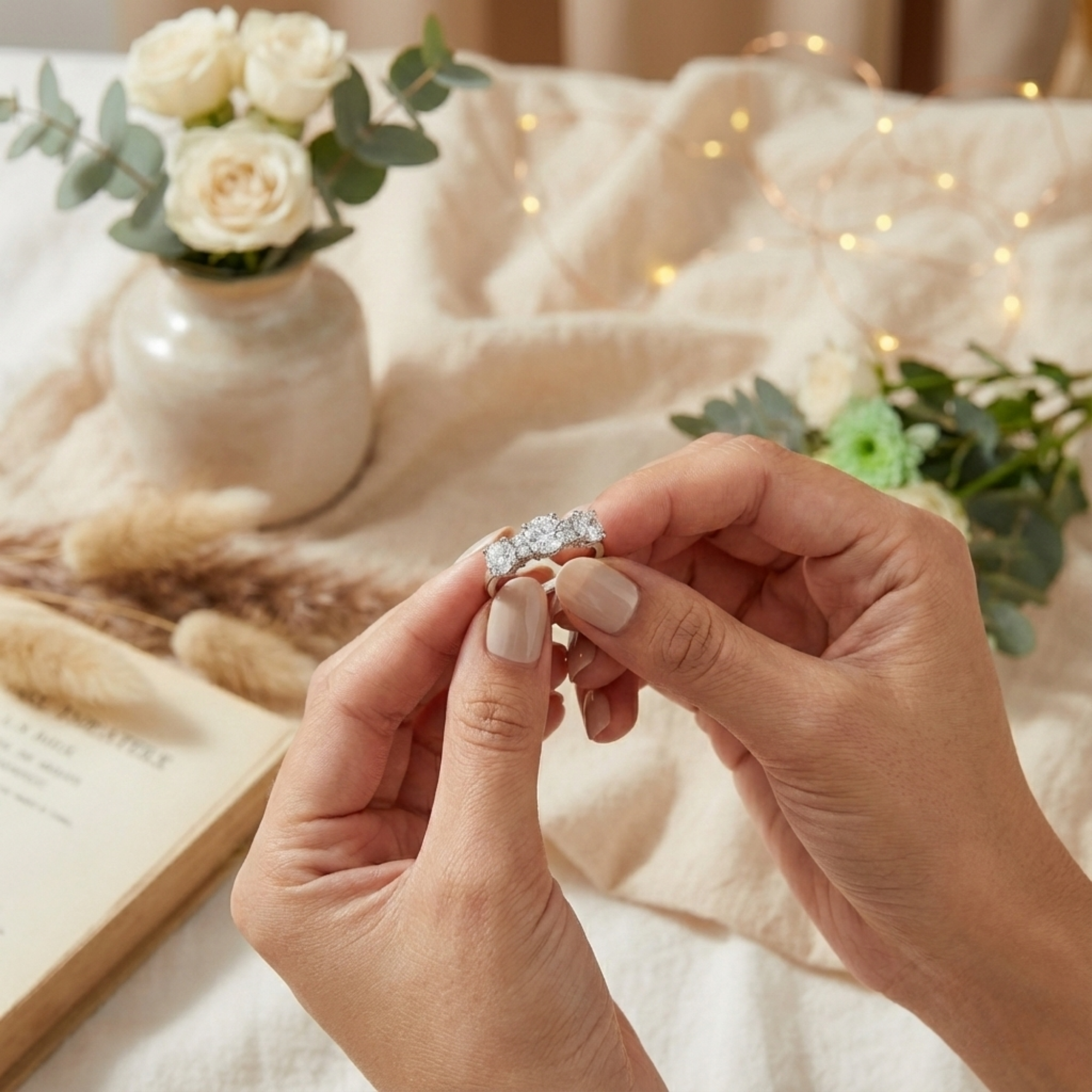 Anillo de tres piedras con topacio blanco