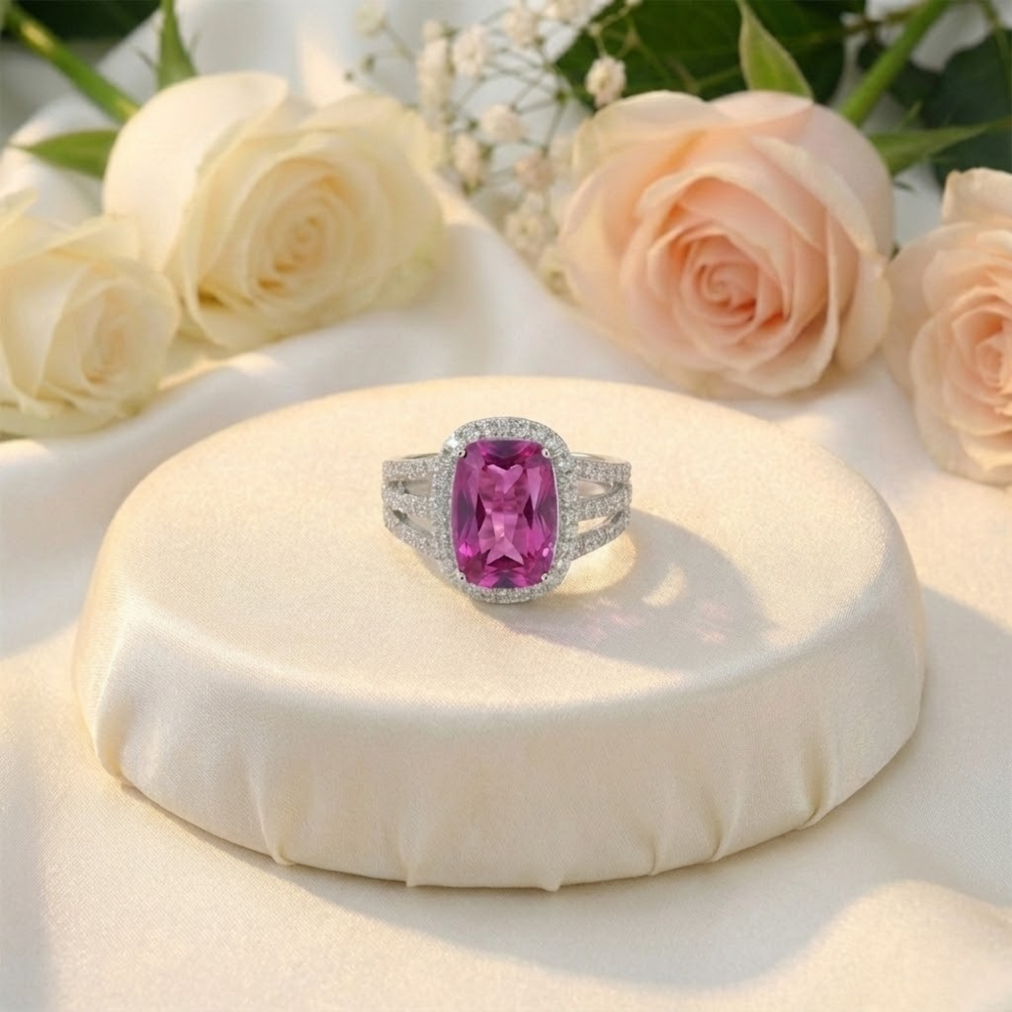 Bague coussin en saphir violet