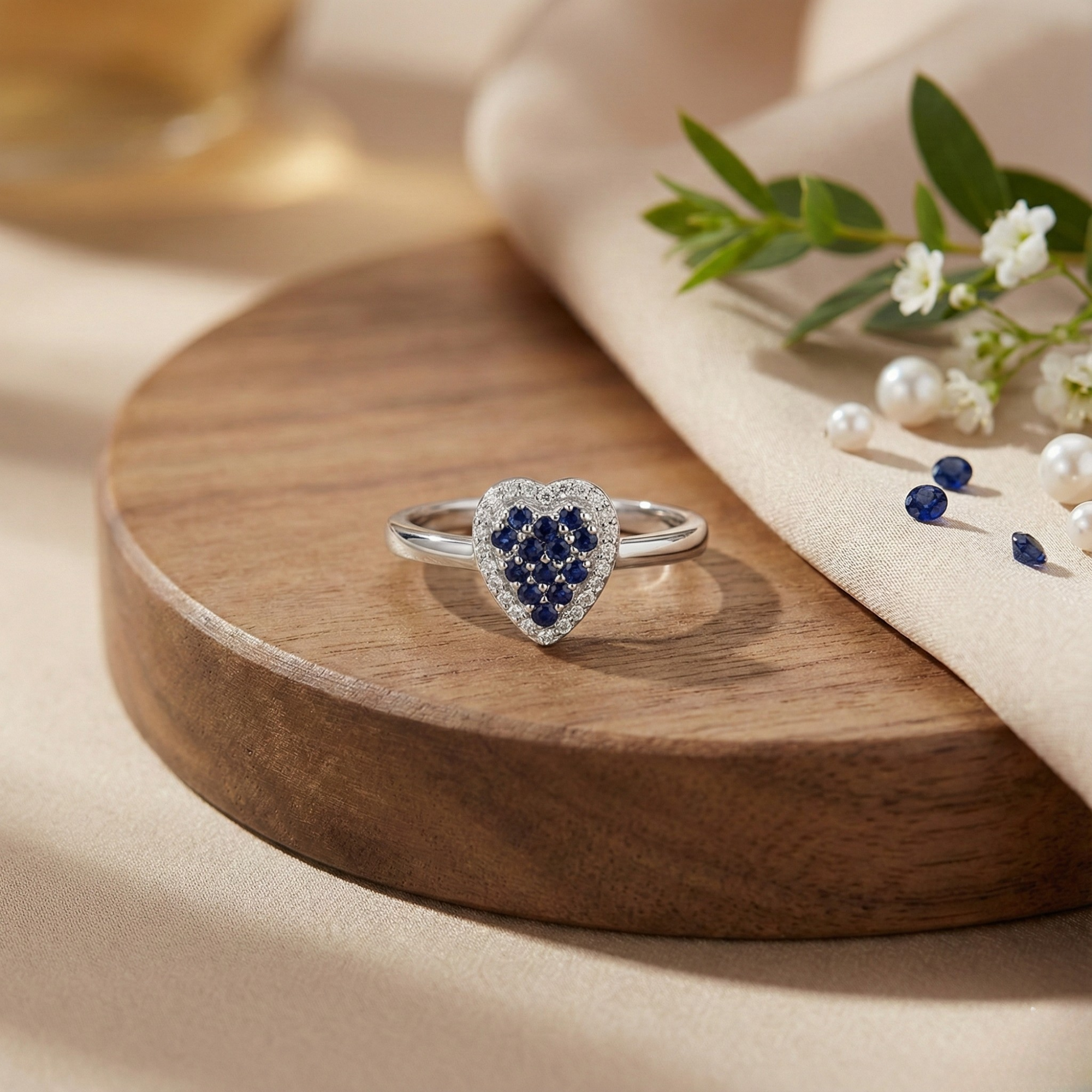 Anillo de corazón de moda con zafiro azul