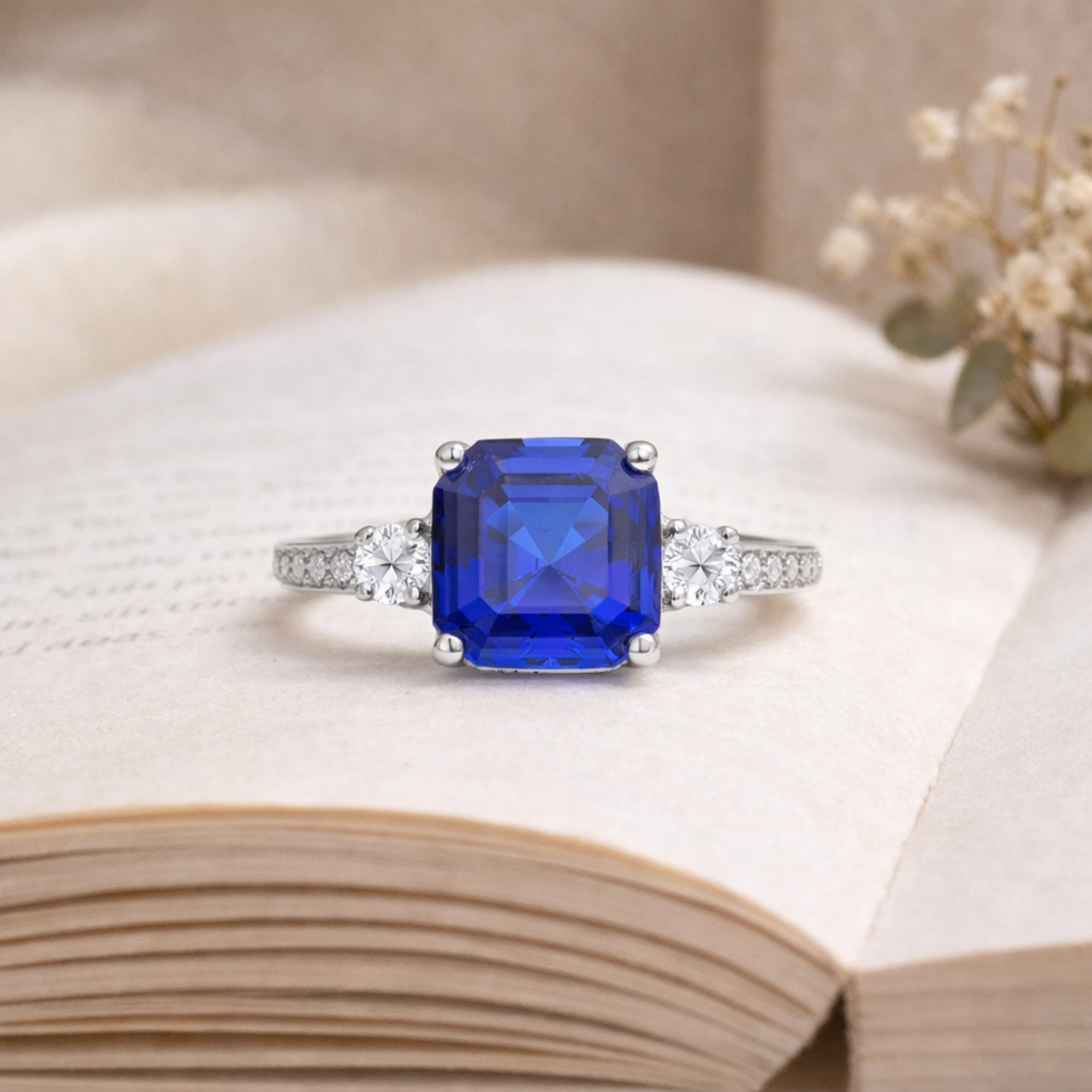 Ceylon Sapphire Asscher Cut Three Stone Ring