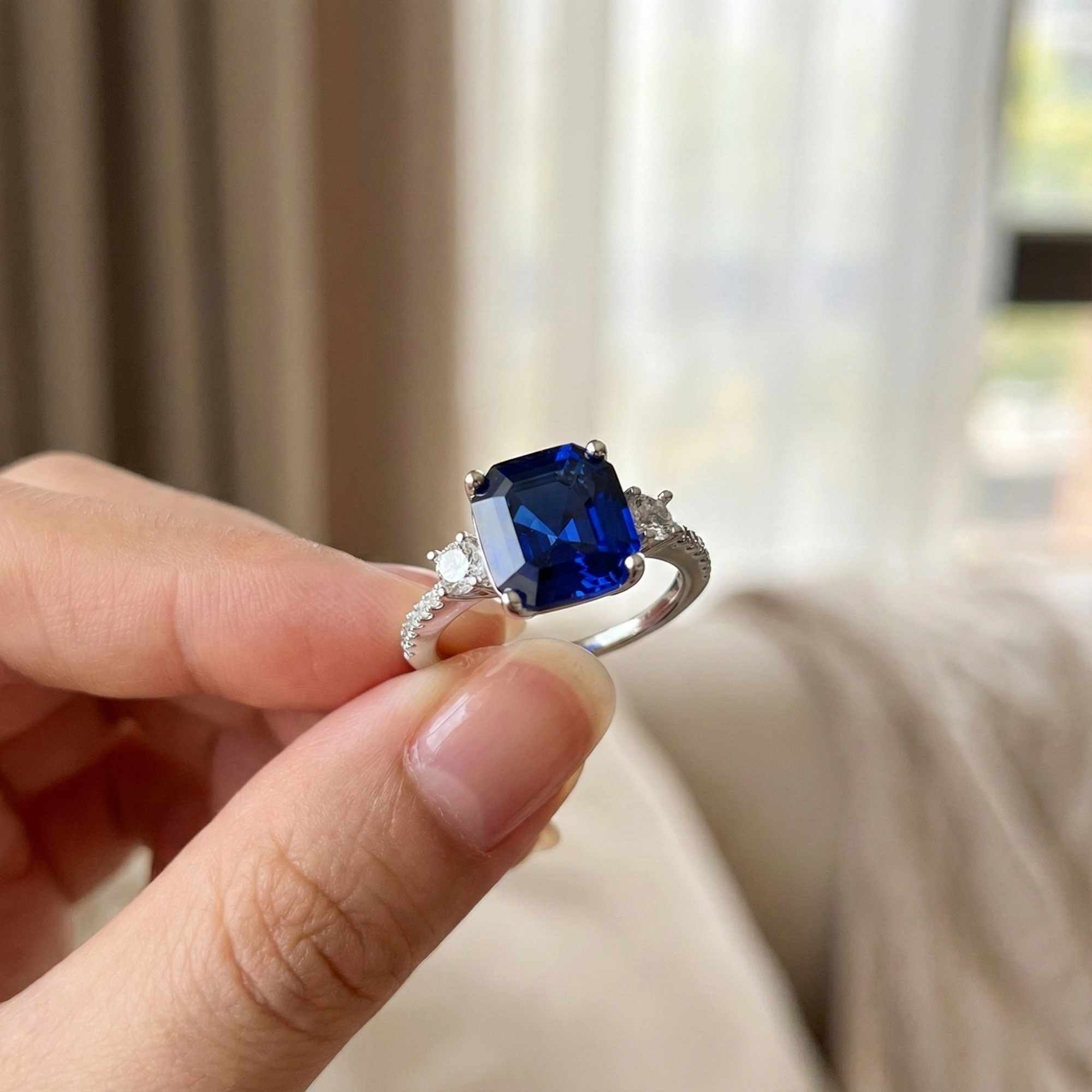 Ceylon Sapphire Asscher Cut Three Stone Ring