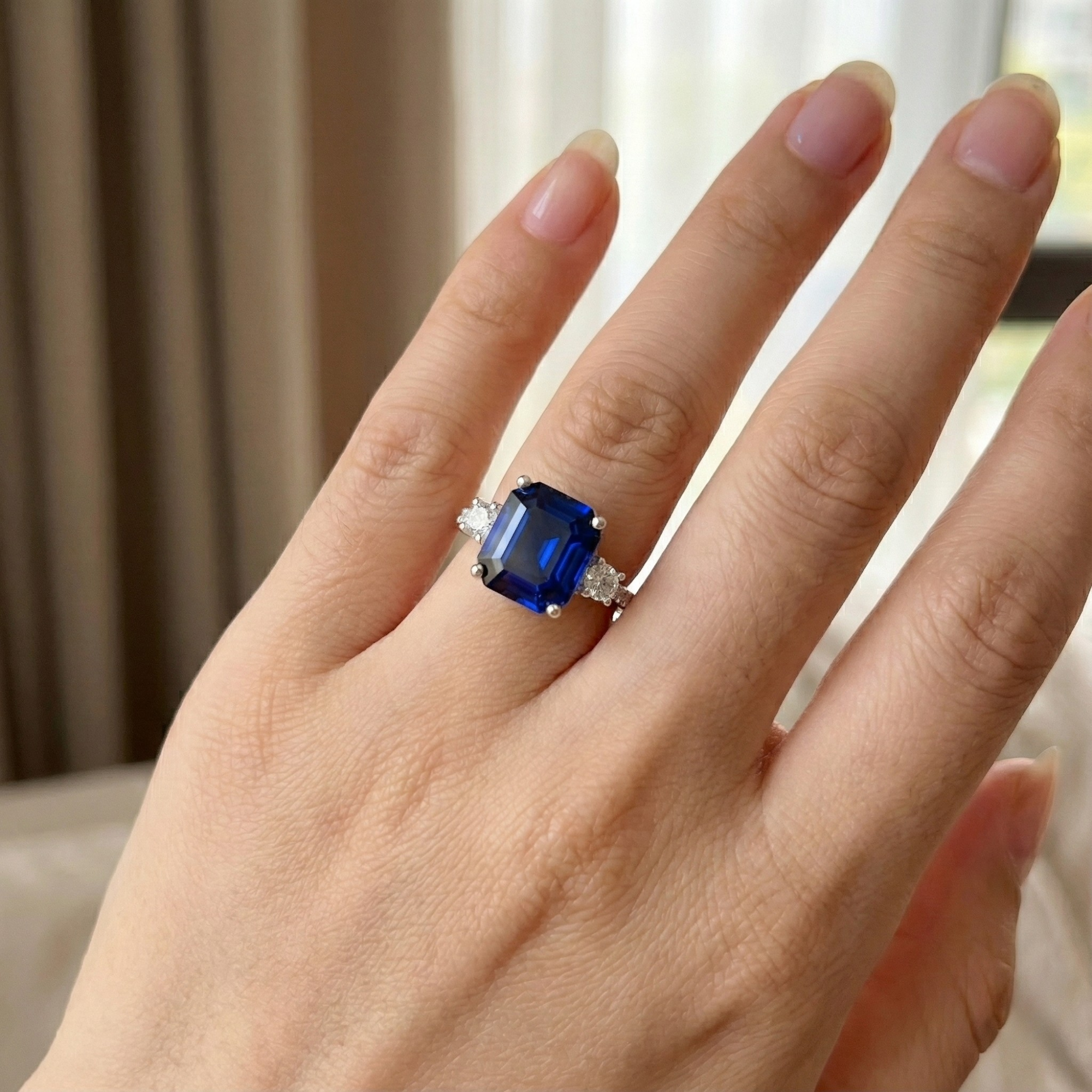 Ceylon Sapphire Asscher Cut Three Stone Ring