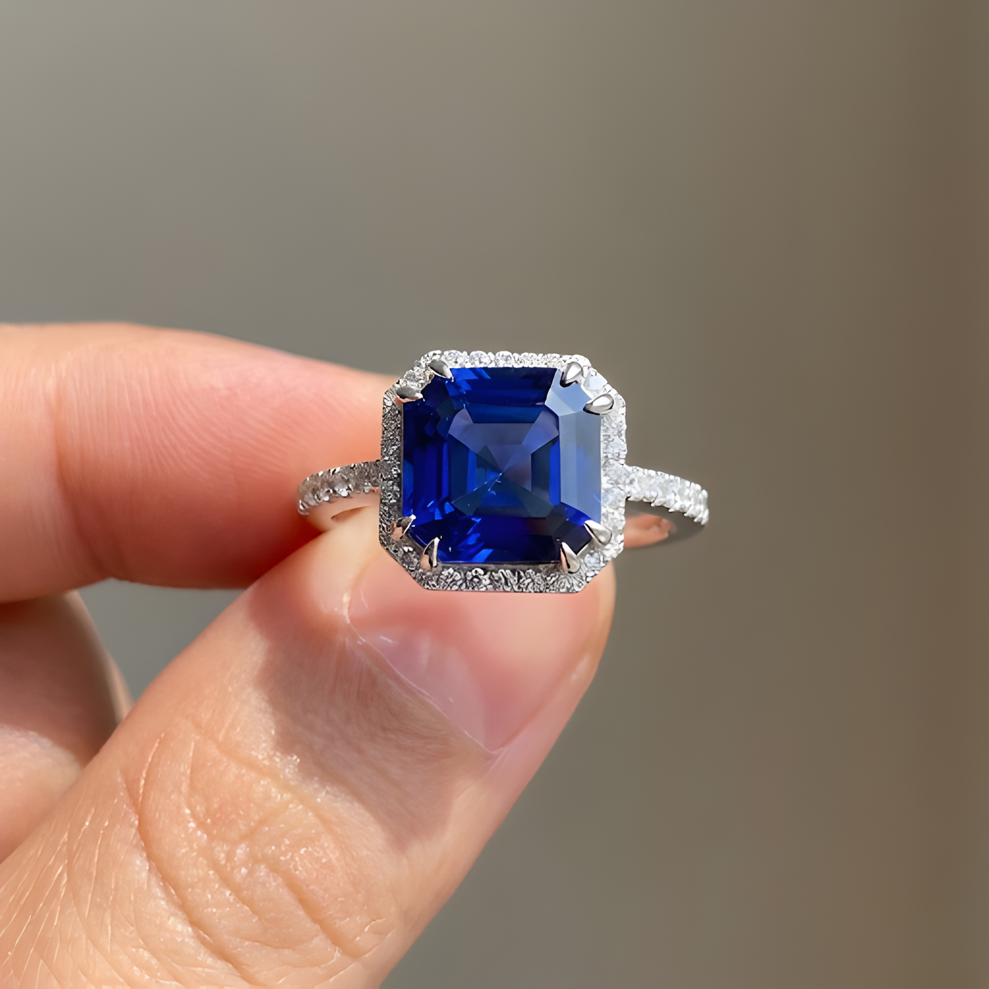 Ceylon Sapphire Asscher Cut Halo Ring