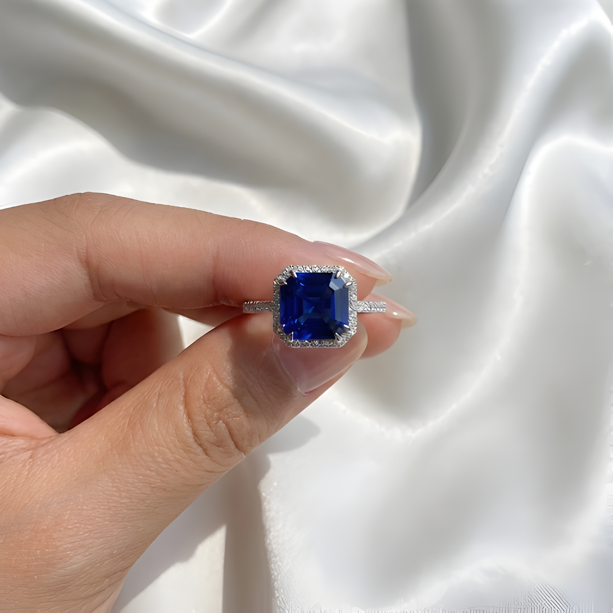 Ceylon Sapphire Asscher Cut Halo Ring