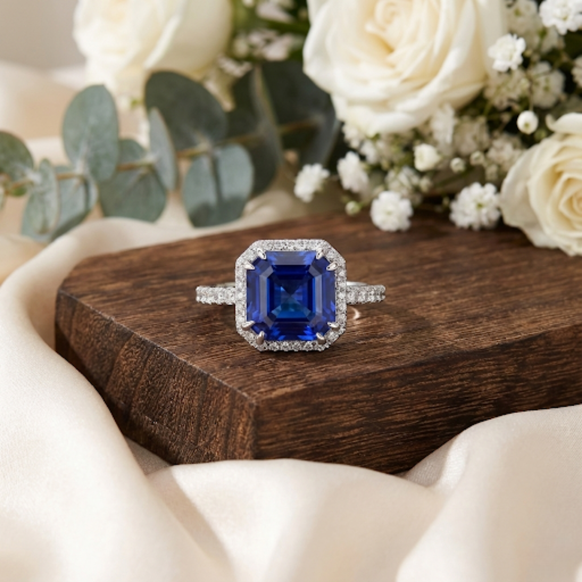Ceylon Sapphire Asscher Cut Halo Ring