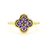 Dark Amethyst 18k Yellow Gold Plated Purple Clover Charm Ring for Good Fortune Silver February Birthday Gift - FineColorJewels