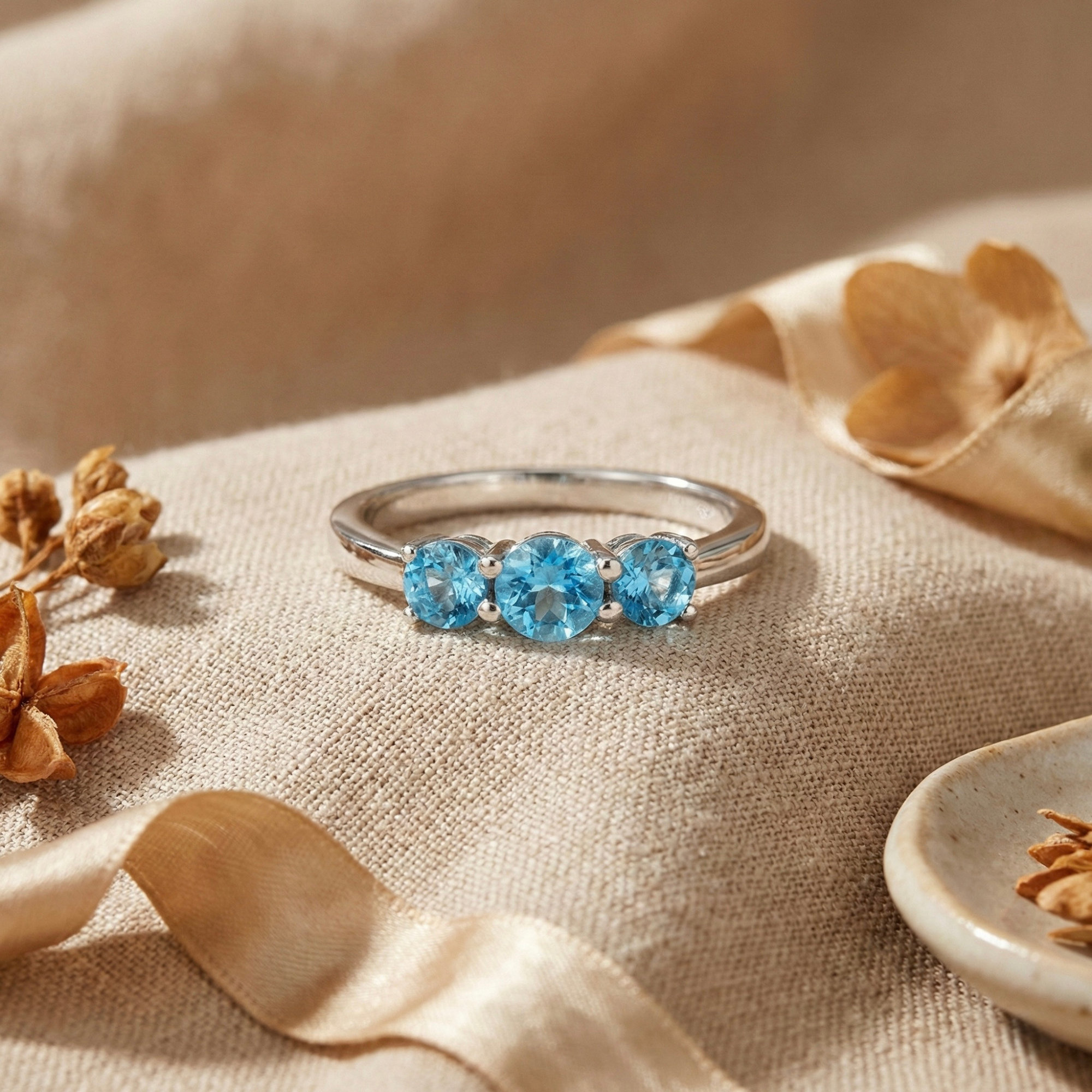 Bague à trois pierres en apatite Paraiba bleue naturelle