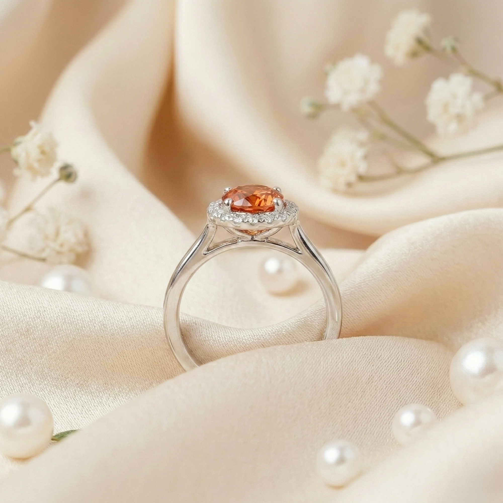 Peach Sapphire Round Halo Ring