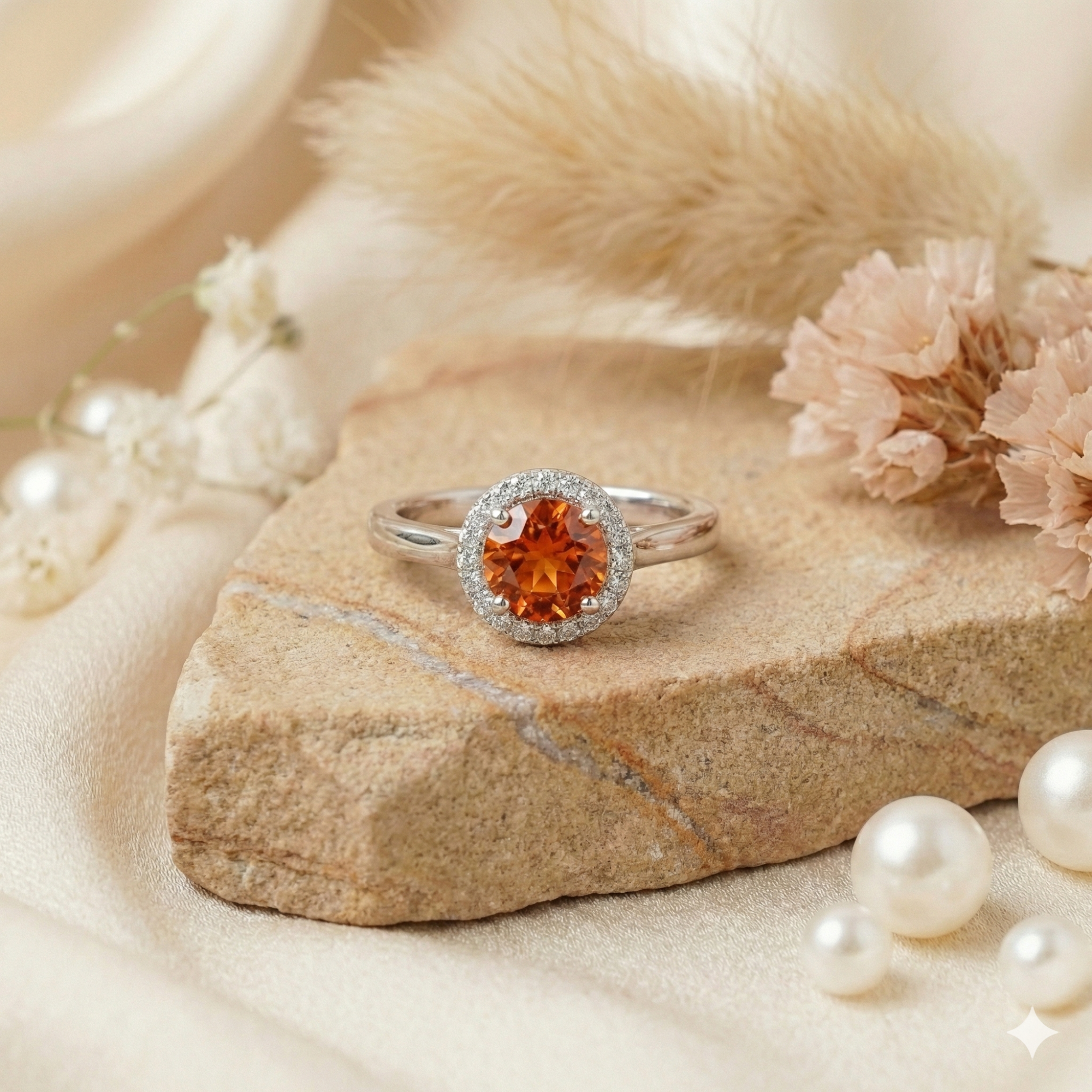 Peach Sapphire Round Halo Ring