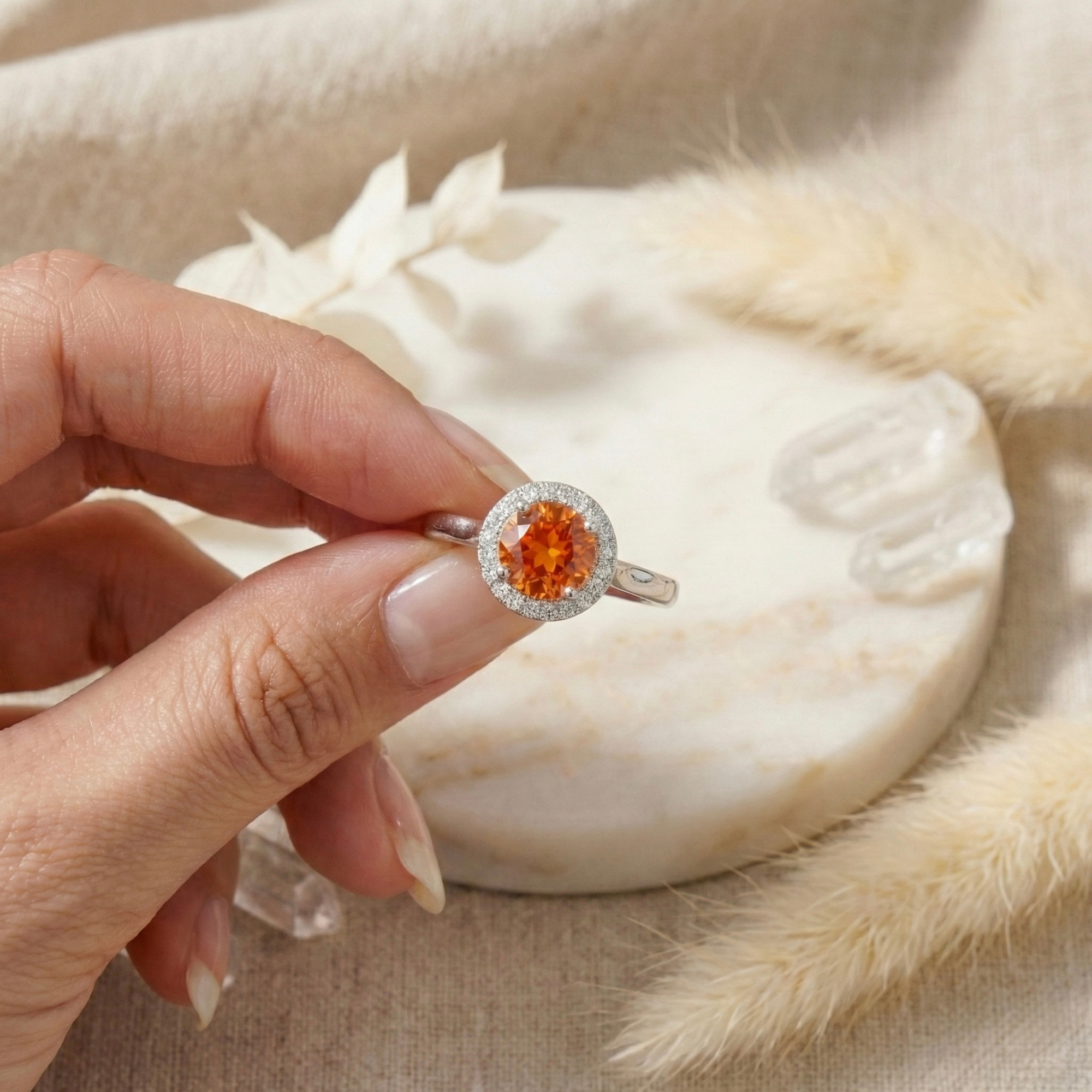 Peach Sapphire Round Halo Ring