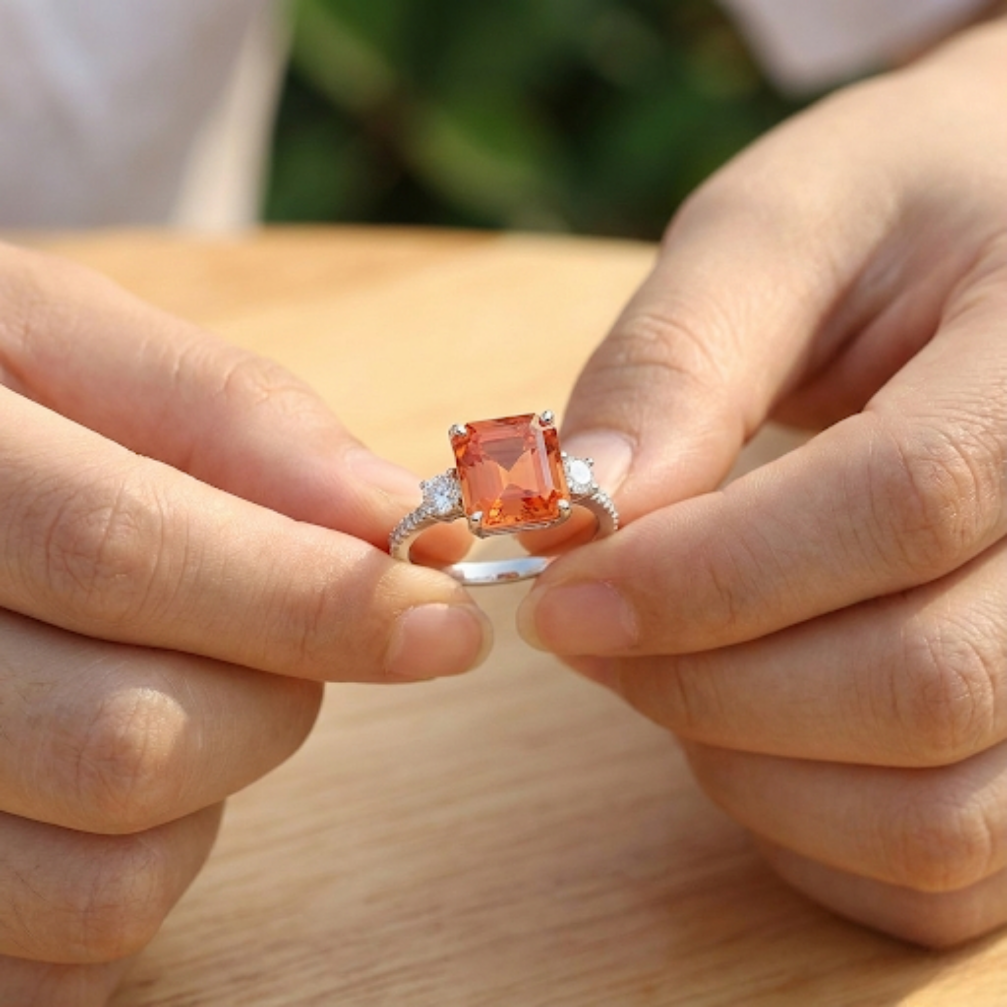 Peach Sapphire Three Stone Ring