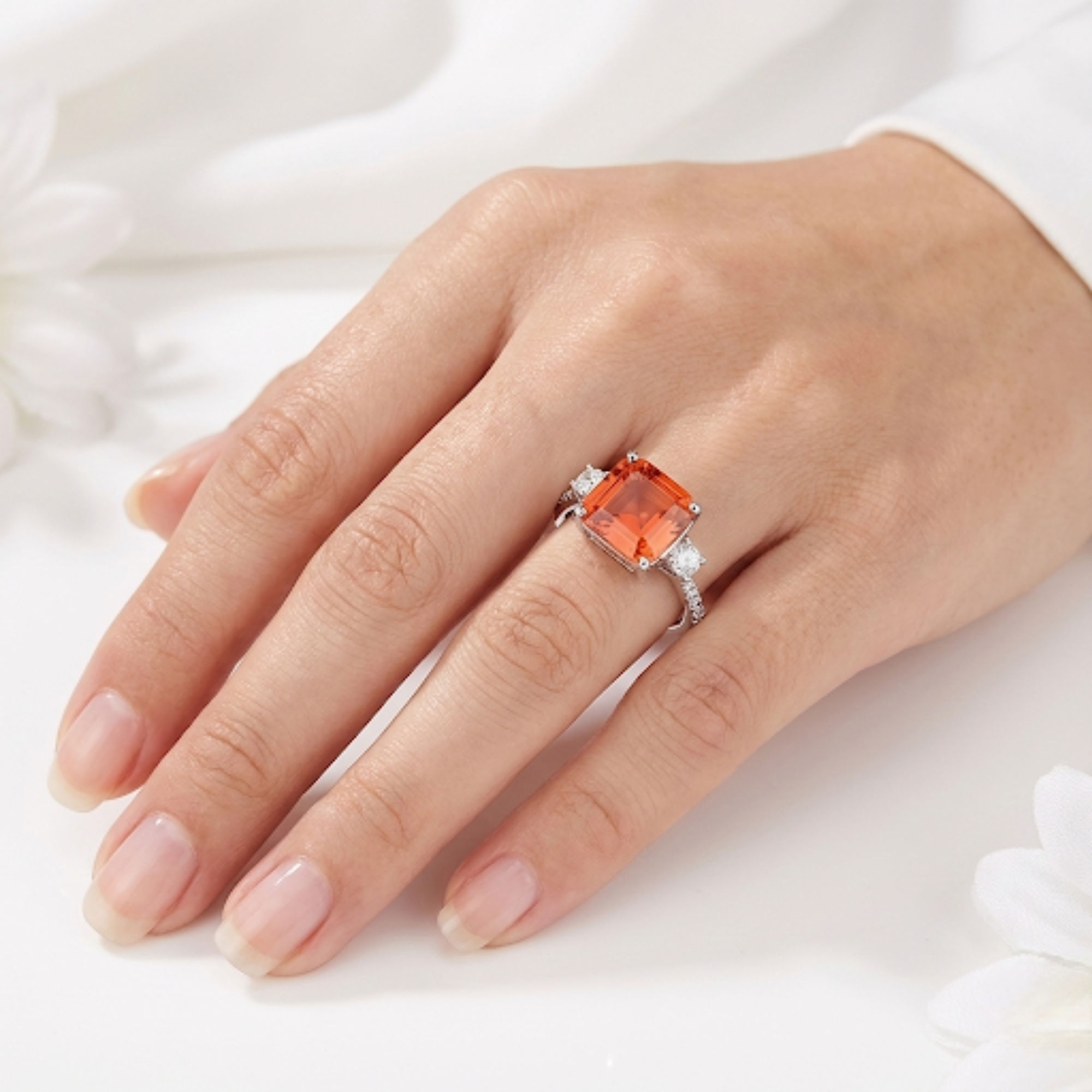 Peach Sapphire Three Stone Ring