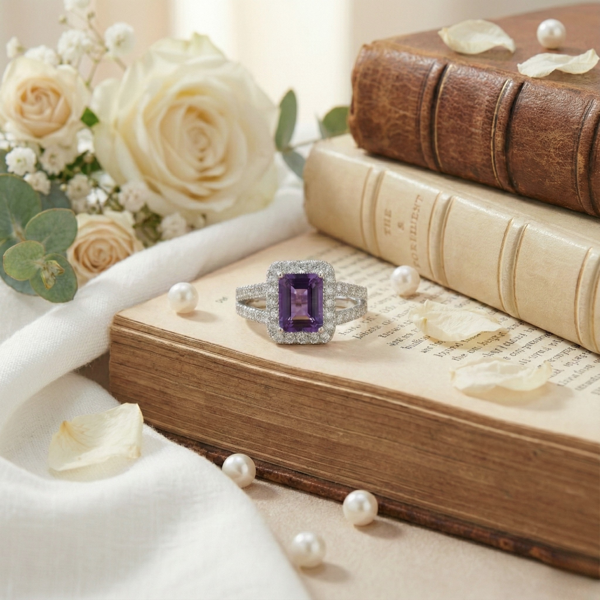 Natural Amethyst Octagon Halo Ring