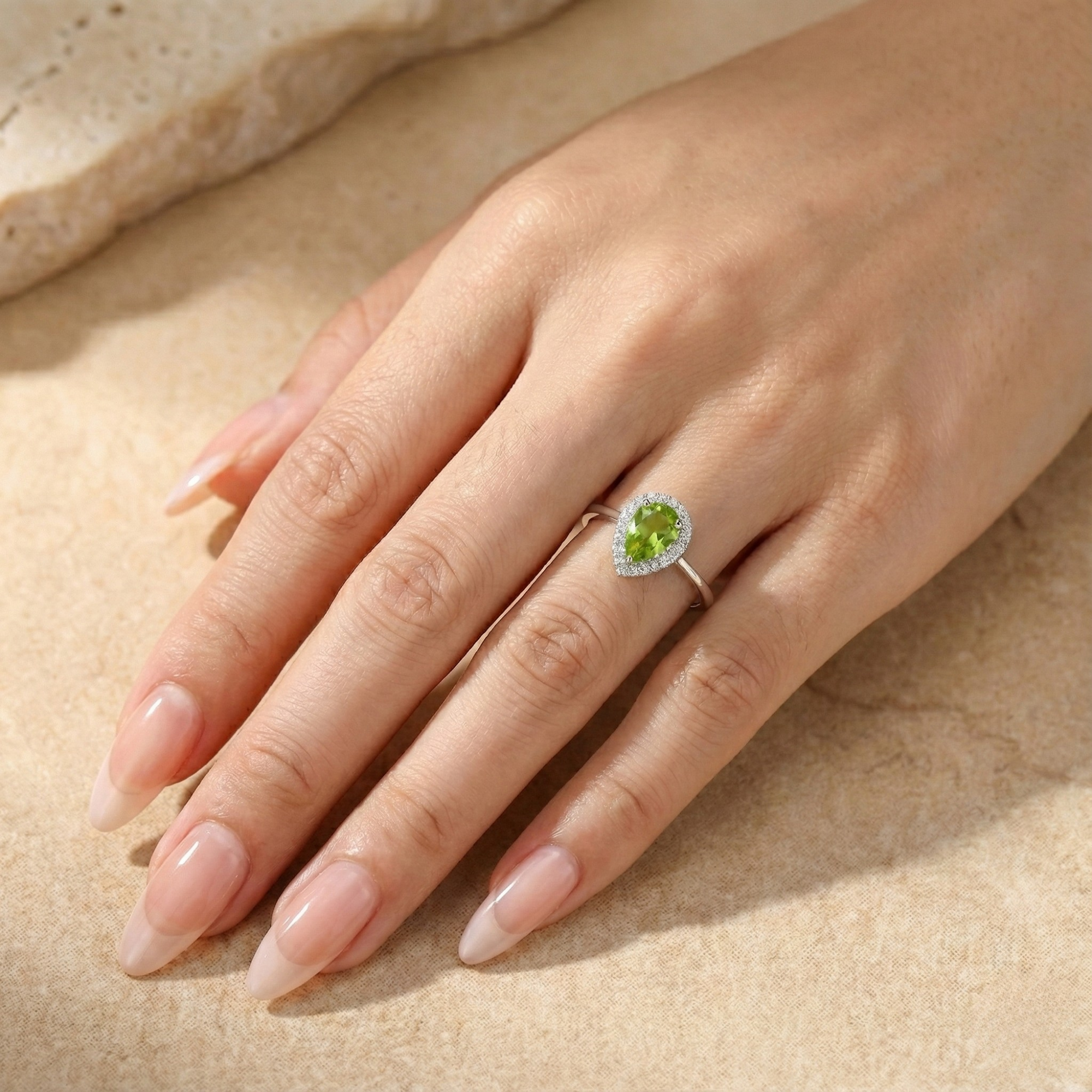 Natural Green Peridot Teardrop Halo Ring Fine Color Jewels