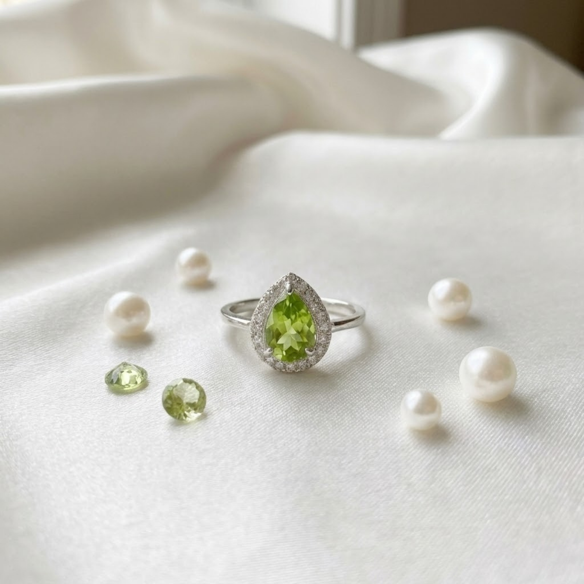 Natural Green Peridot Teardrop Halo Ring Fine Color Jewels