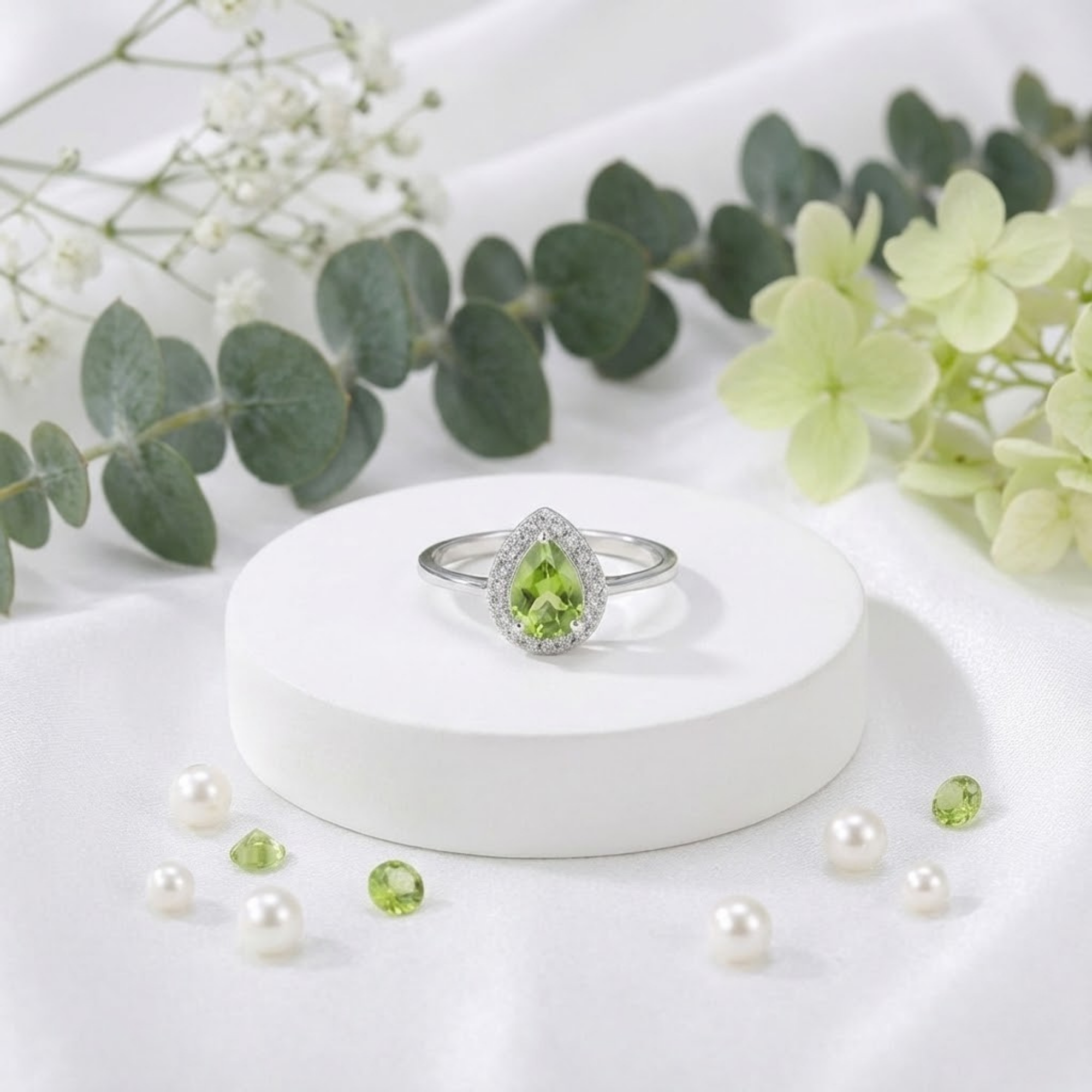 Natural Green Peridot Teardrop Halo Ring Fine Color Jewels