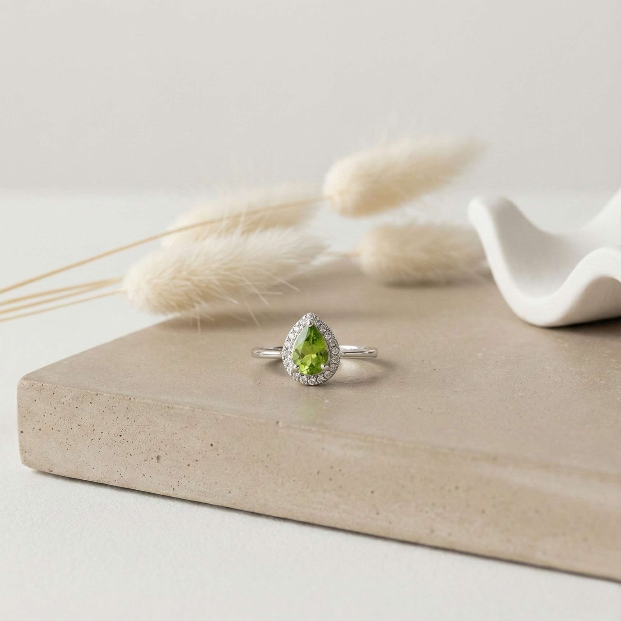 Natural Green Peridot Teardrop Halo Ring Fine Color Jewels