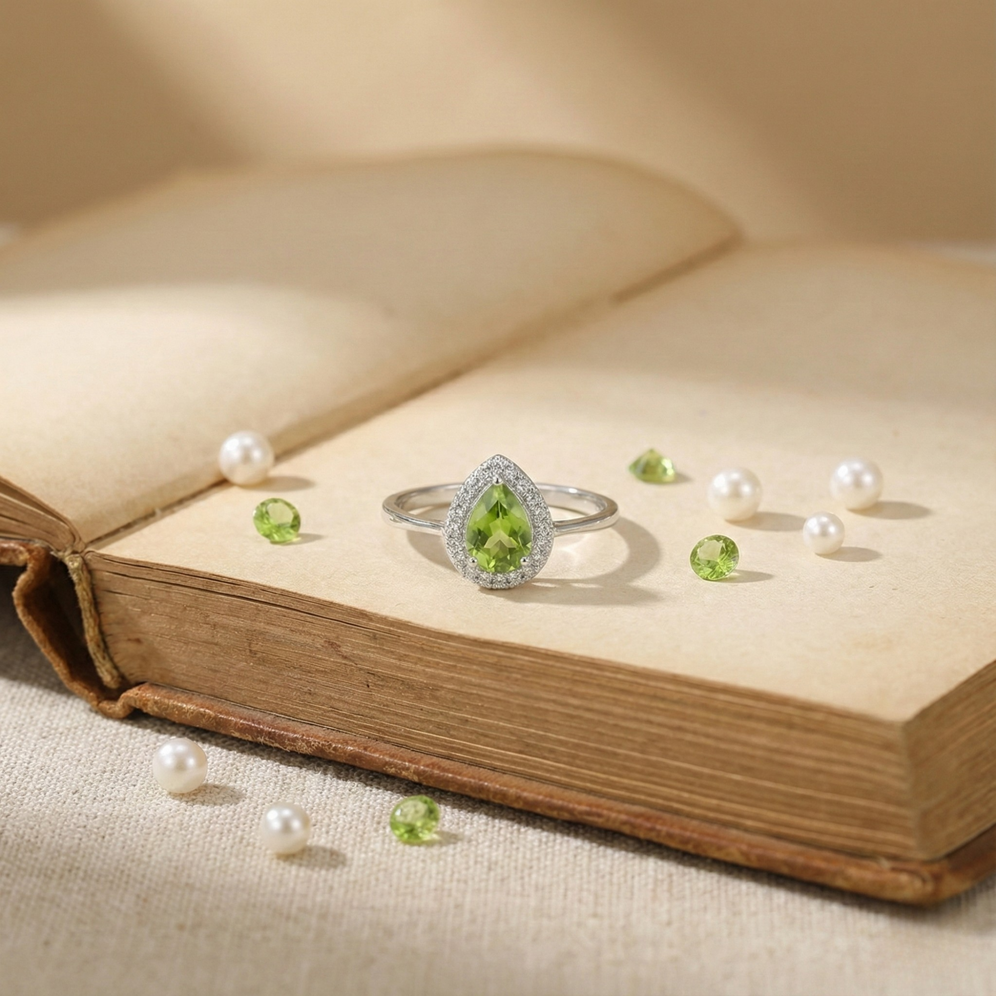 Natural Green Peridot Teardrop Halo Ring Fine Color Jewels