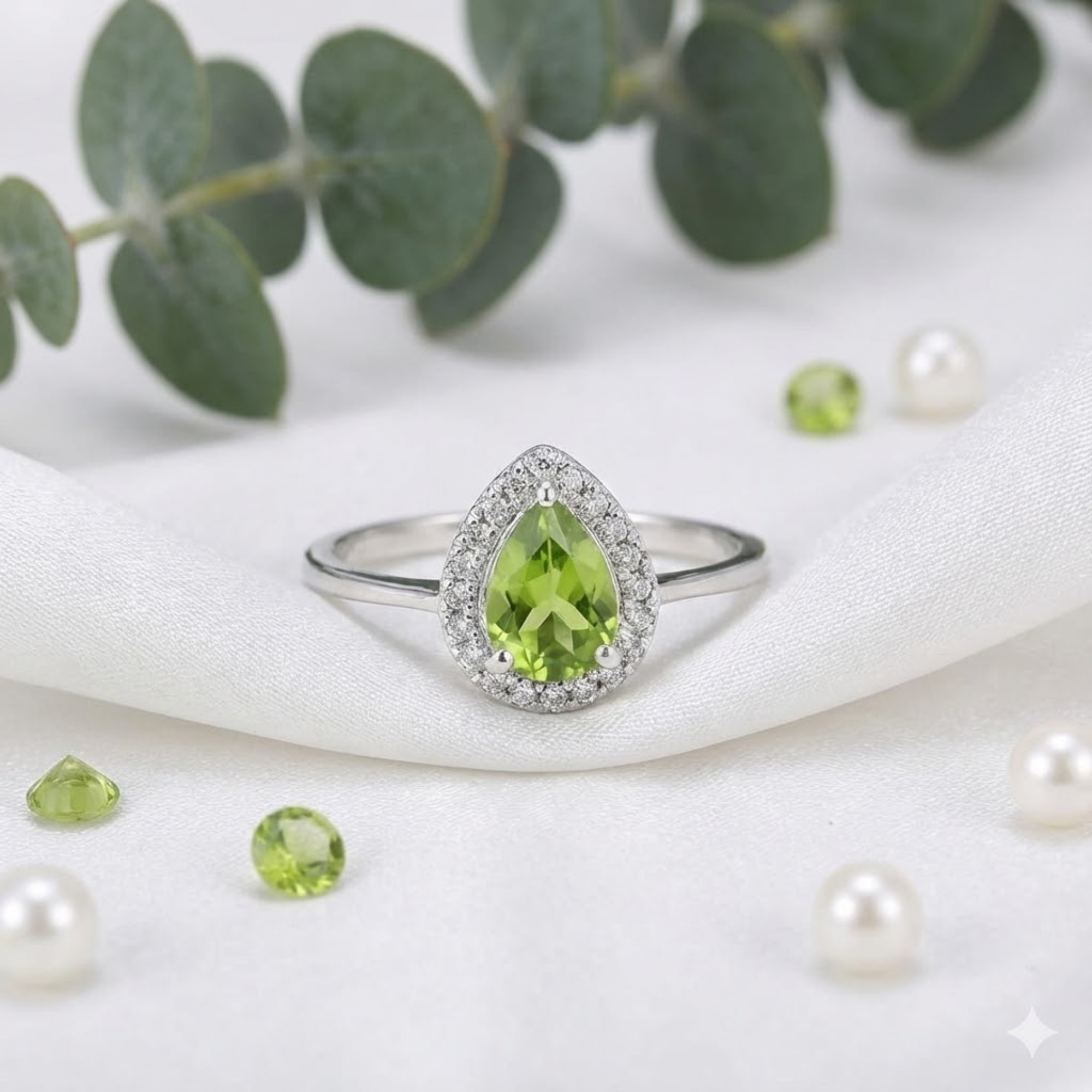 Natural Green Peridot Teardrop Halo Ring Fine Color Jewels