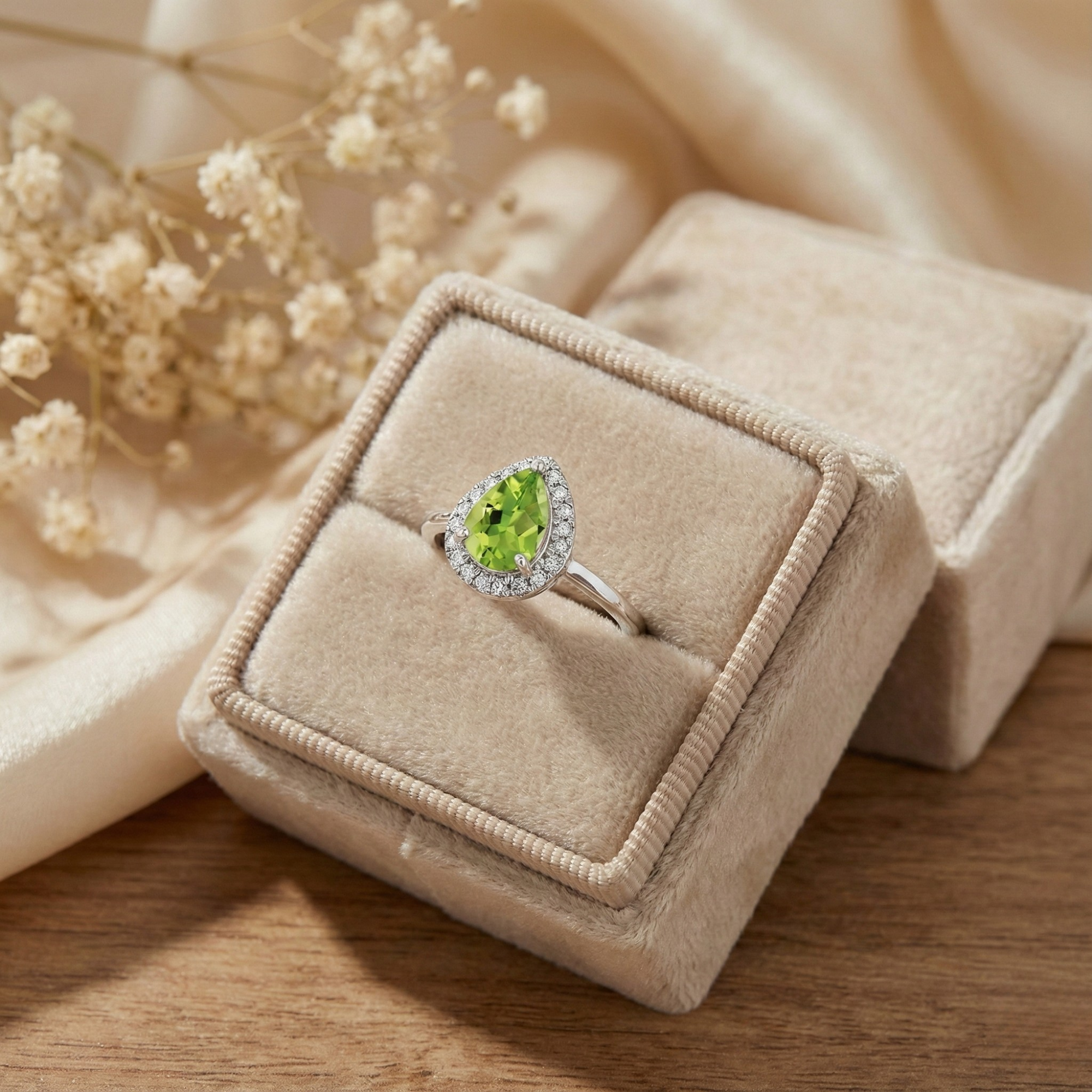 Natural Green Peridot Teardrop Halo Ring Fine Color Jewels