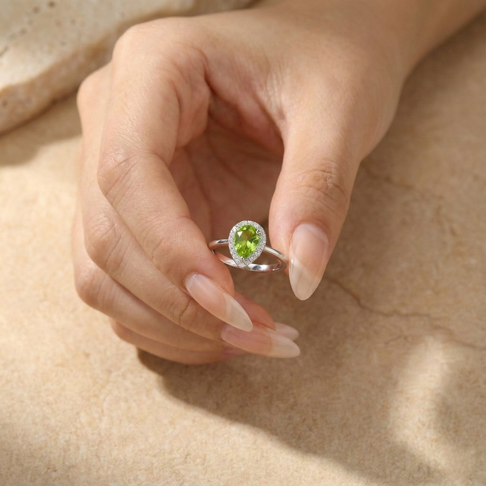 Natural Green Peridot Teardrop Halo Ring Fine Color Jewels