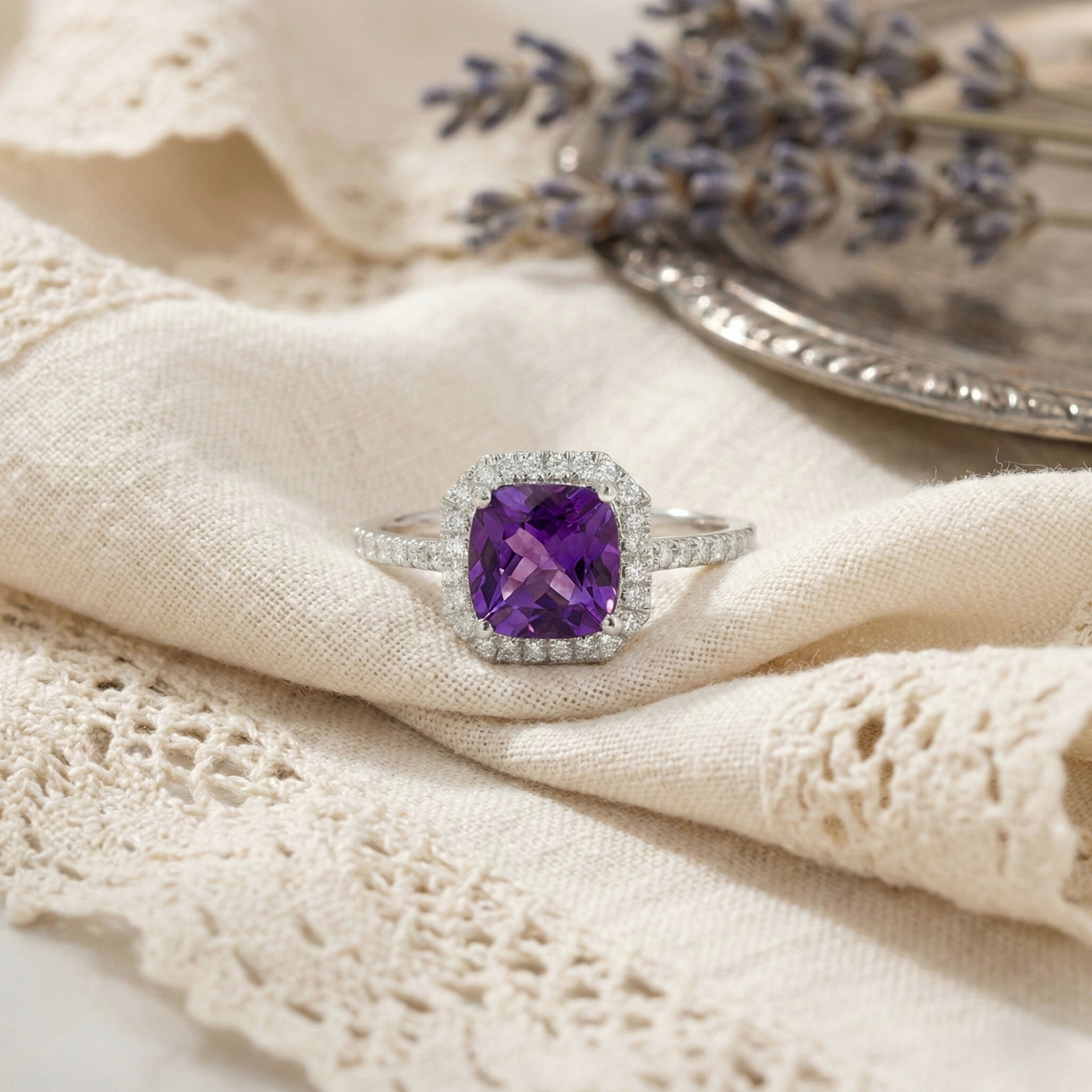 Natural Amethyst Cushion Halo Ring