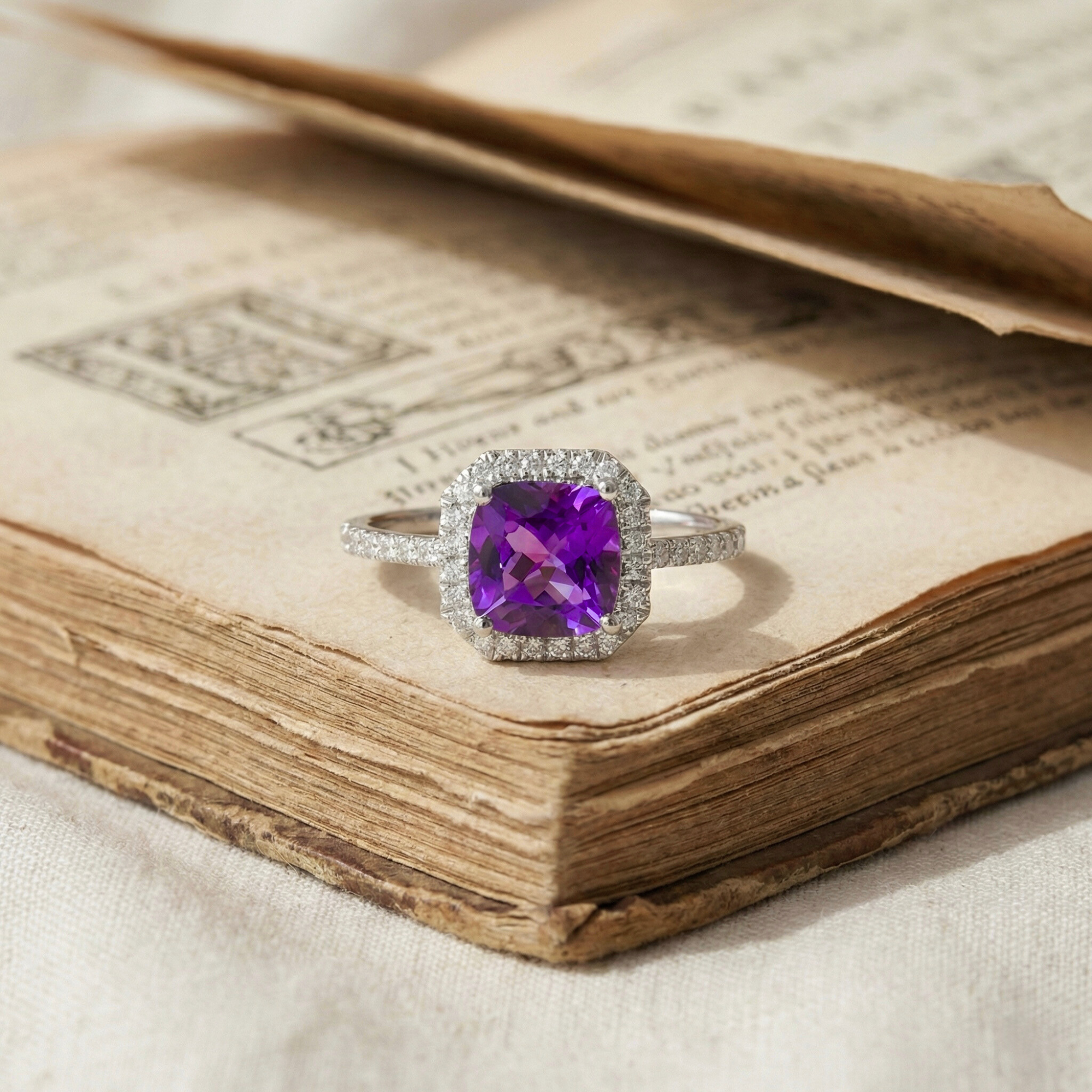 Natural Amethyst Cushion Halo Ring